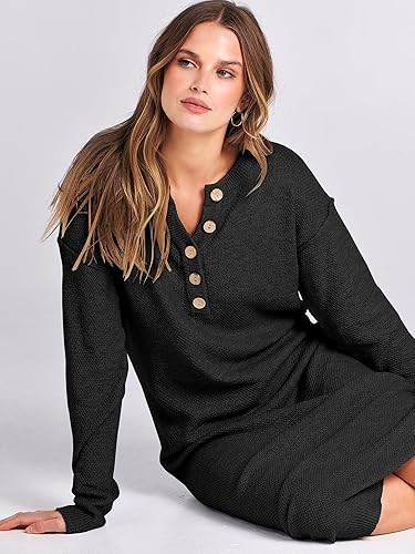 Miniatura 8 de ANRABESS Vestido de manga larga con botones y cuello en V para mujer, de gran tamaño, casual, holgado, punto gofre, vestido de suéter midi para