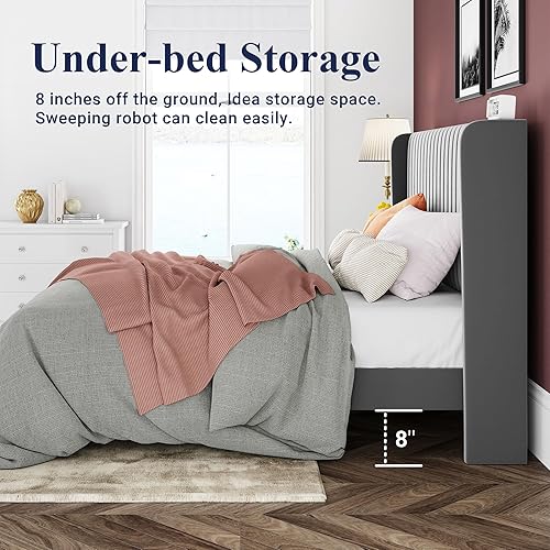 Miniatura 7 de Allewie Marco de cama de terciopelo de tamaño matrimonial, cabecera capitoné vertical con respaldo de ala, plataforma tapizada, listones de madera