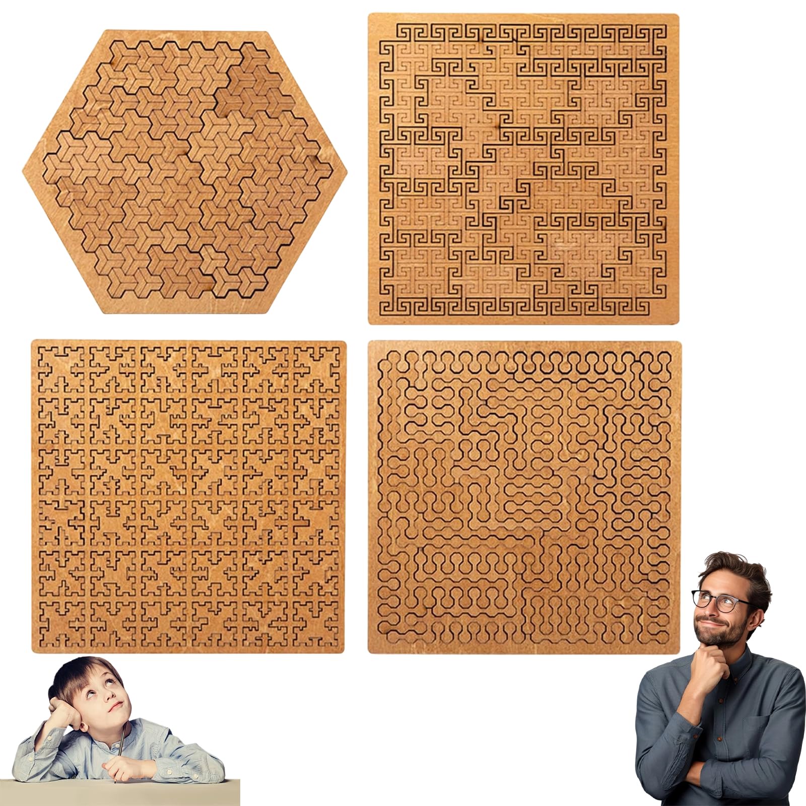 Rompecabezas de Bandeja Fractal, Rompecabezas de Madera Educativo for Adultos, desafío de Rompecabezas de Madera Irregular Duro for Juegos de Entrenamiento Cerebral (4 Piezas)