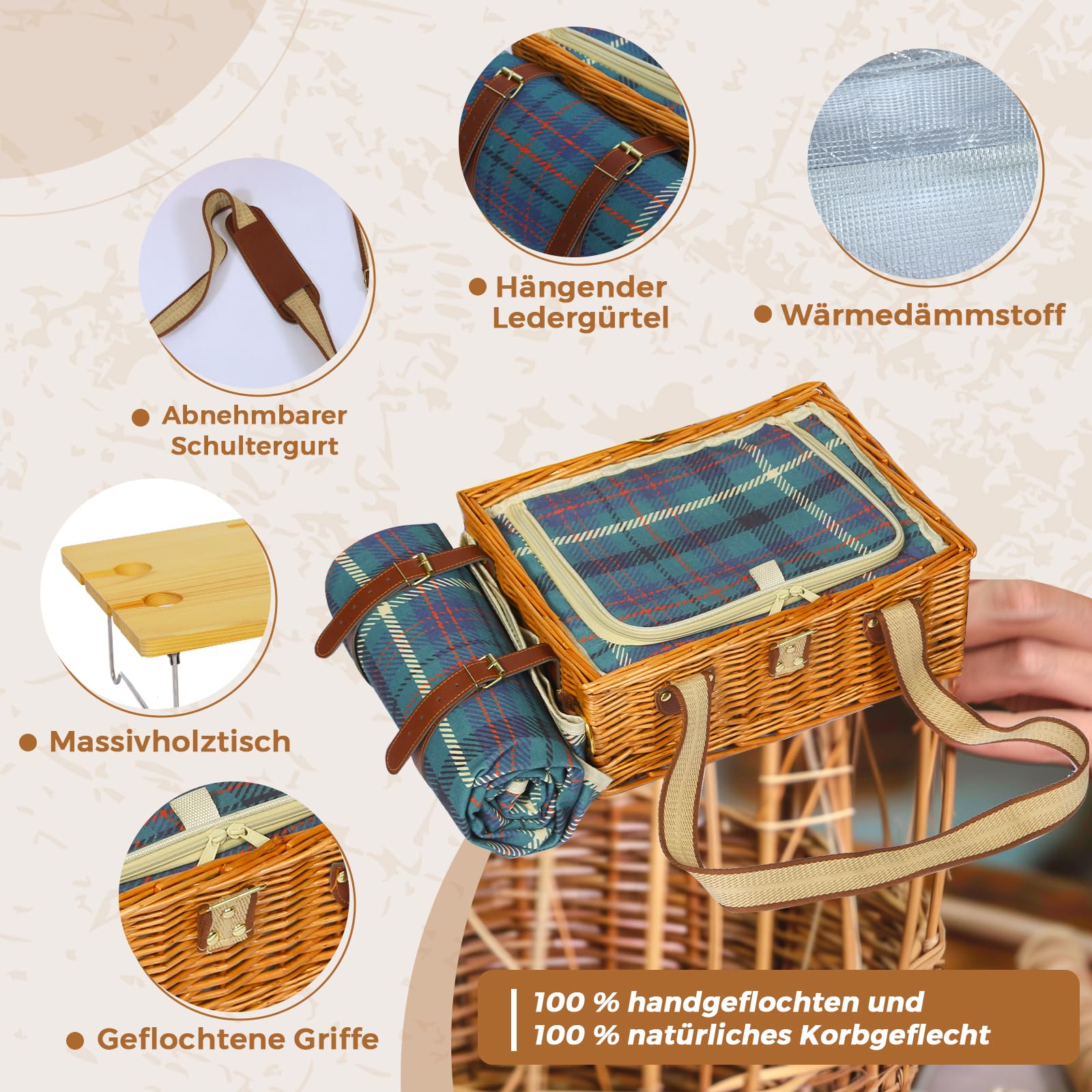 Set de cesta de picnic con mesa plegable y juego de cubiertos, cesta de picnic para 4 personas con bolsas de hielo, cesta de mimbre con asa, cesta de mimbre set de regalo para picnic, camping