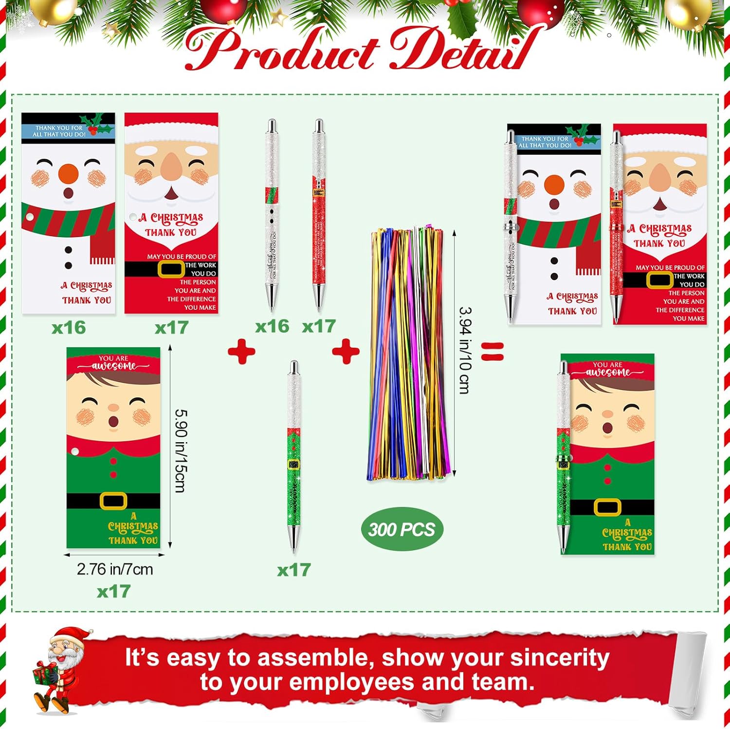 Sayglossy 50 Sets Christmas Glitter Pen Gifts Bulk Glitter Santa Claus Novelty Pens Snowman Elf Inspirational Christmas Ballpoint Pens with Thank You Cards for Employee Teacher Coworker