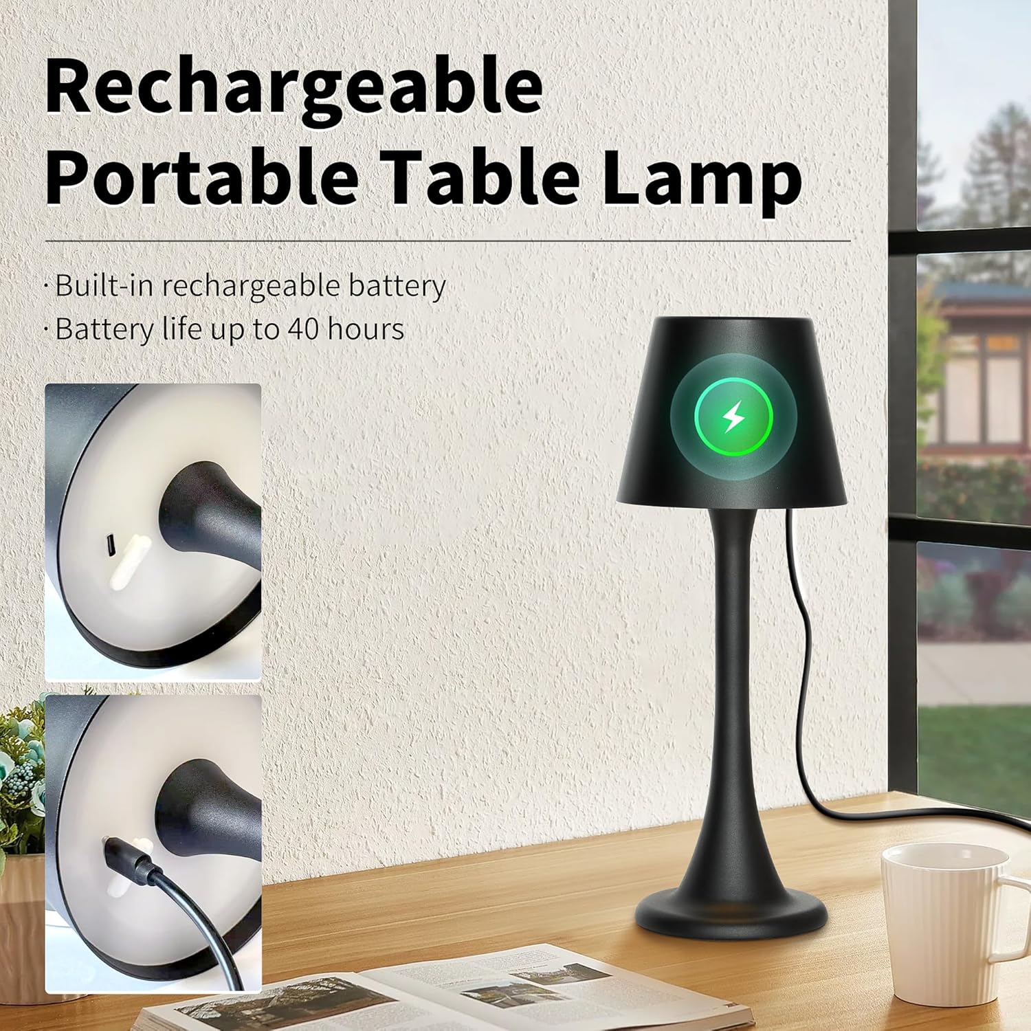 Mr. White Outdoor Waterproof Cordless Rechargeable Portable Touch Battery Operated Powered Table Lamp for Restaurant Kitchen Patio Dinner Dining (Black)