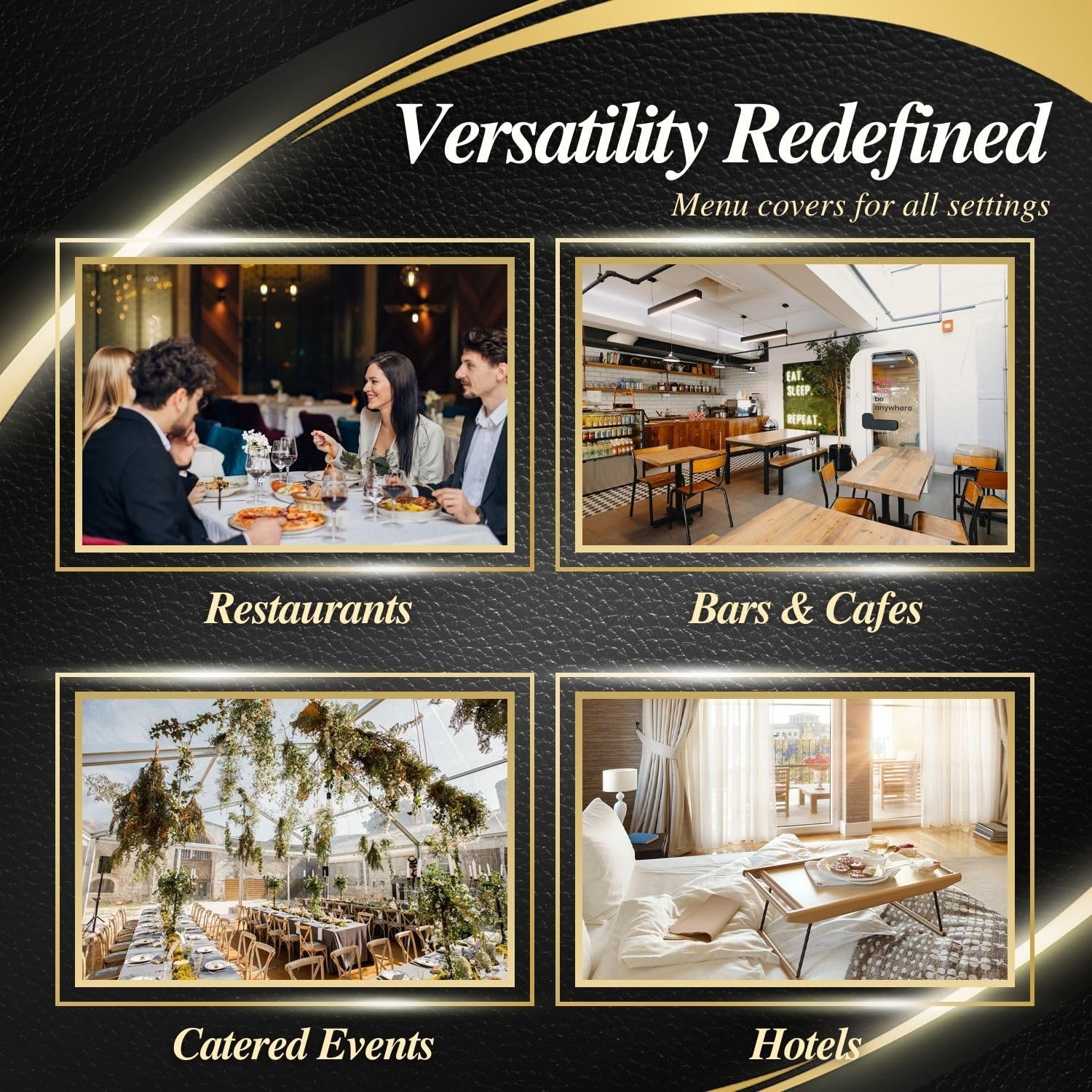 Flexzion Trifold Menu Covers 8.5 x 11 Inch (12 Pack) - Triple Stitched Menu Holder with 3 Pages 6 Views - Transparent Clear Menu Book Covers with Gold Metal Corner for Restaurant, Hotel, Cafe