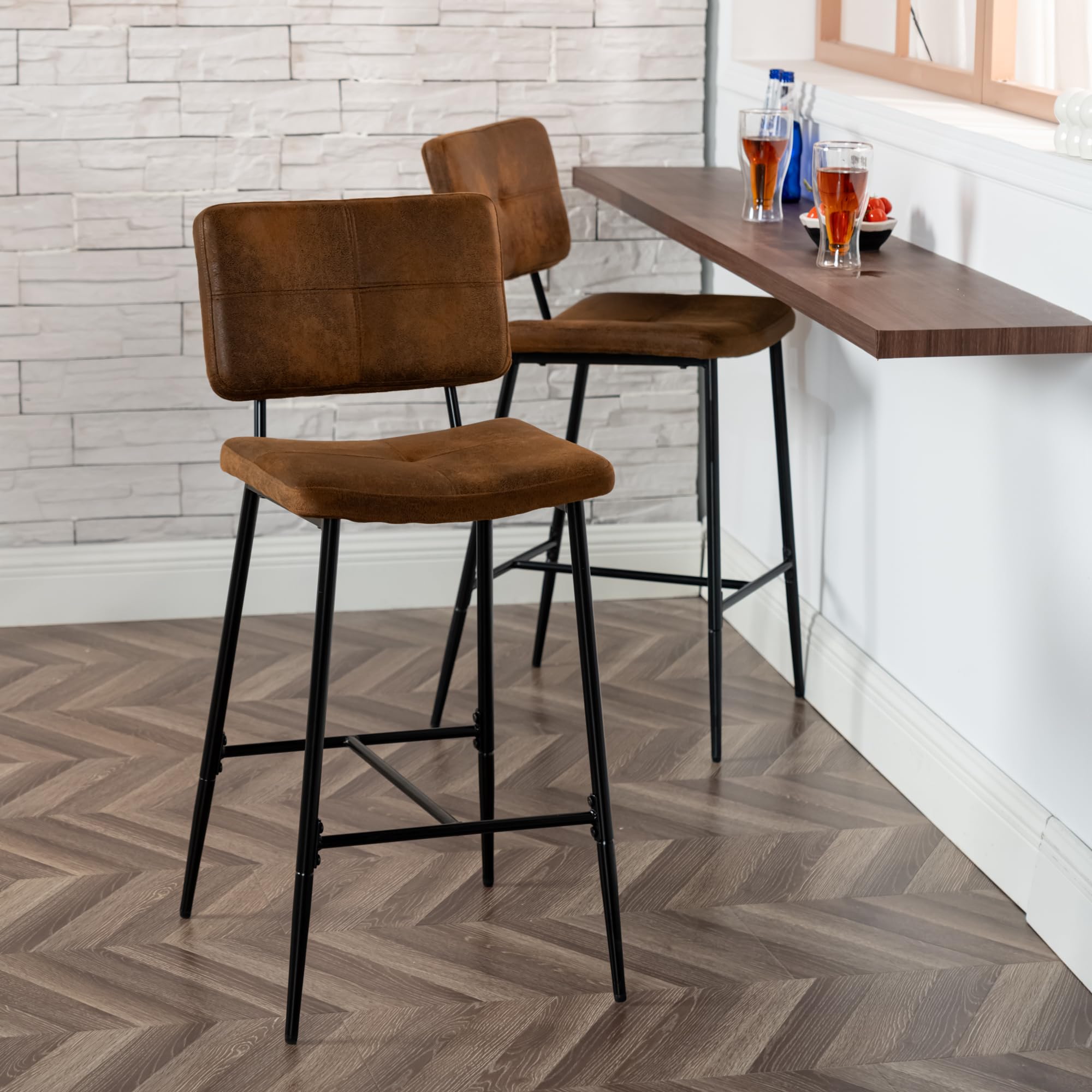 Meuble Cosy Lot de 2 Tabouret de Bar Industriel avec Dossier et Repose-Pieds, Siège Rembourrés de 75 cm de Haut, Chaises Hautes en Suédine Cadre en métal, Marron