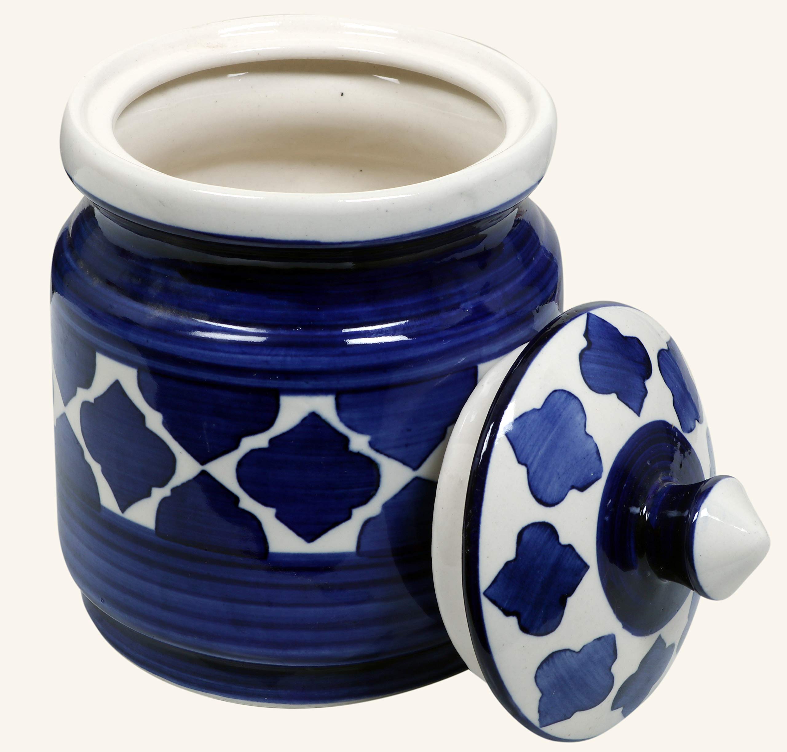 RAJ ROYAL Ceramic Hand Painted Pickle Cornichon Jar with Lid - 1.25 kg Achar Burni | Pickels Containers | Traditional Airtight Clay Canister Storage for Pickles, Chutney and Kitchen Essentials (Blue) - Image 5 thumbnail