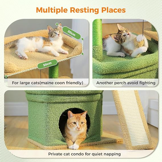 PAWZ Road 27'' Cat Tree with Large Perch, Condo Green | Sisal scratching post, scratching board, dangling ball, space-saving design, climbing, resting, daily claw care