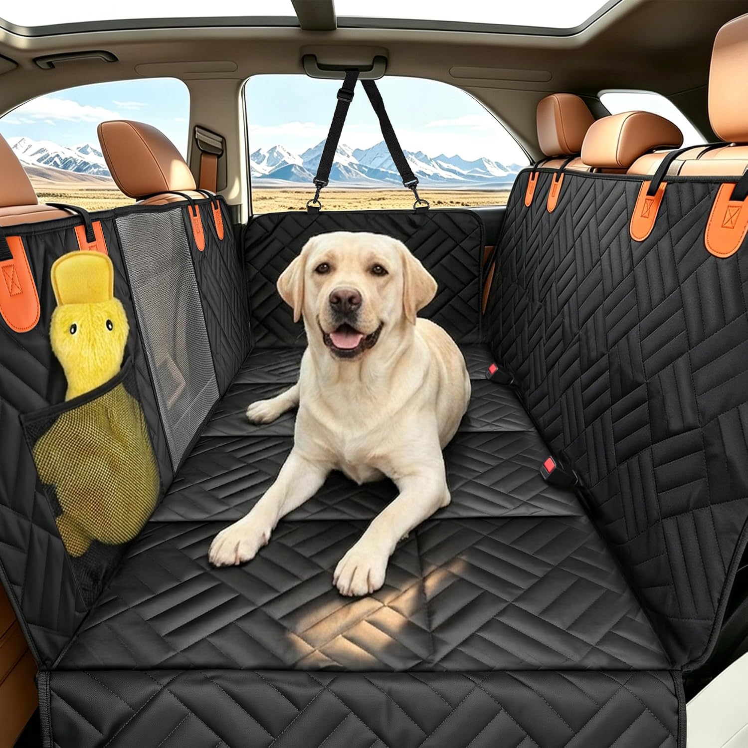 Joso Dog Car Seat Cover for Back Seat with Mesh Window & Storage Pockets