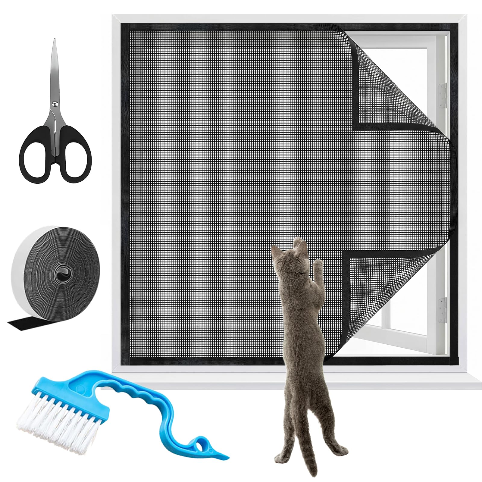 Cat Window Guard 100x150cm, Self-Adhesive Cat Proof Window Screen with Brush/Scissors/Hook-and-Loop Tapes, Keep Bugs Out