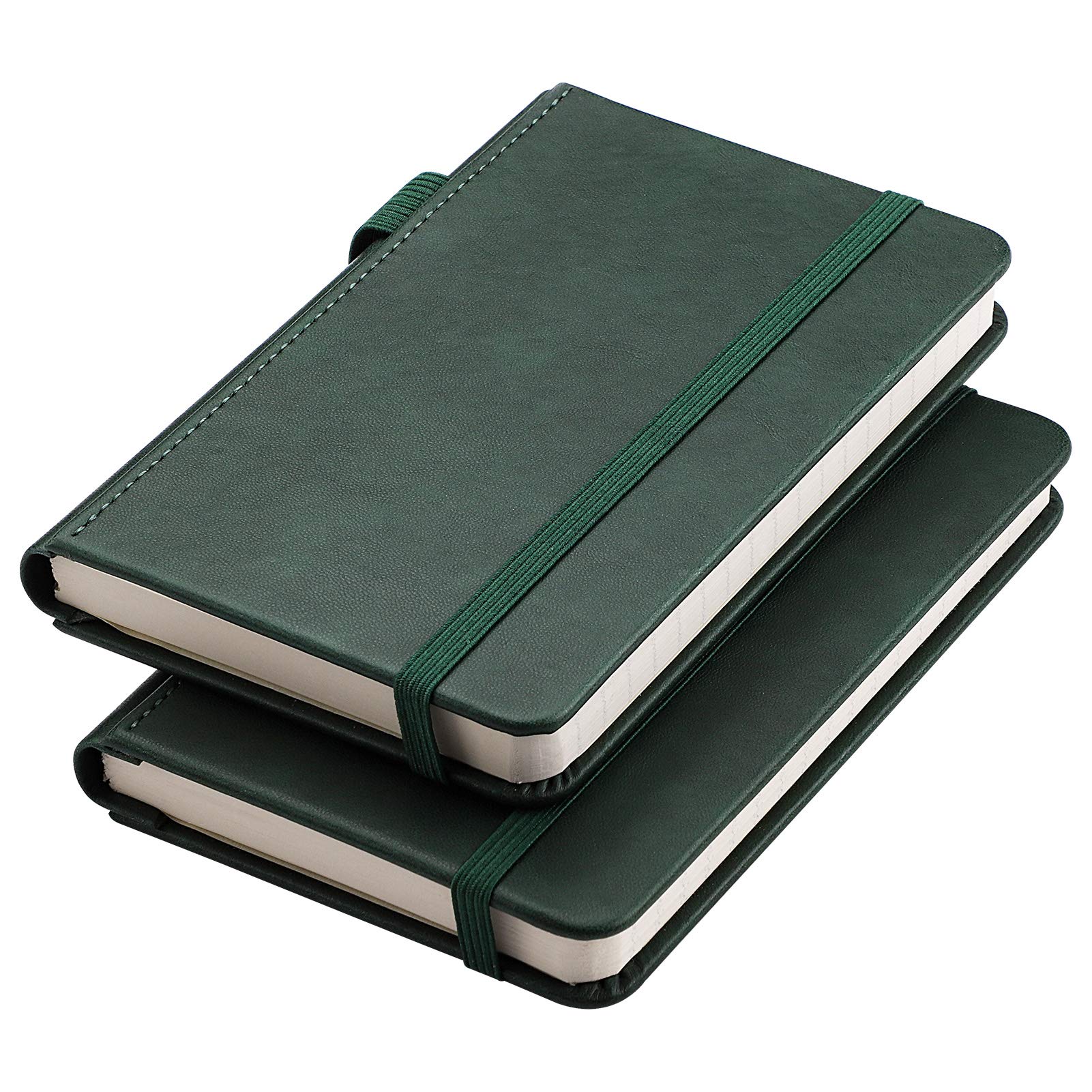 RETTACY Pocket Notebook, 2-Pack, A6 Mini Lined Journal Notebook with 160 Numbered Pages per Pack, 3.5" × 5.5" Small Size, for Work, Leather Hardcover, 100 GSM Thick Paper (Dark Green & Dark Green)