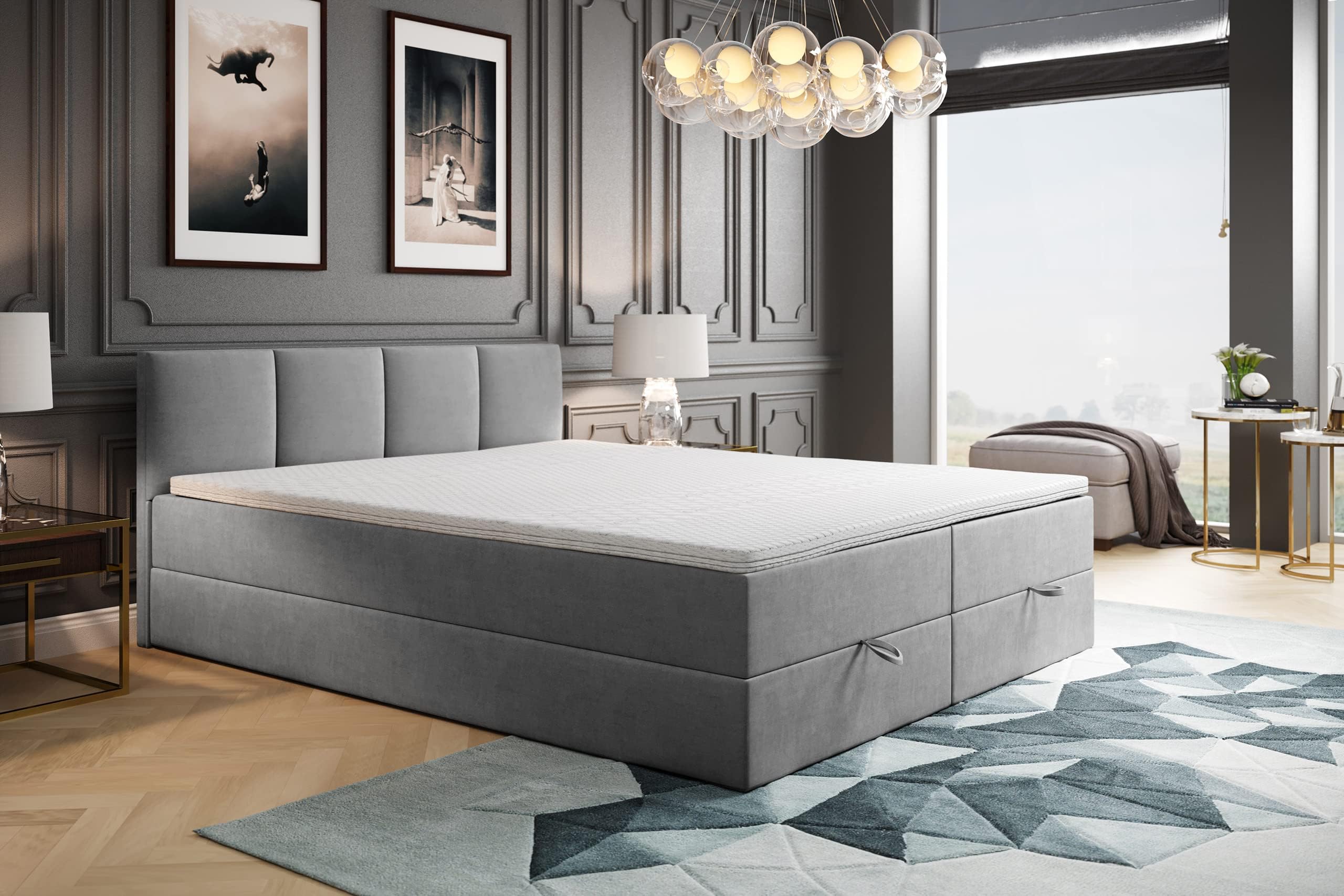TRADA Matrimoniale con Contenitore 200x200 cm e Materasso Bonell - ROYAL - Letto Elegante con Topper 5 cm - Grigio