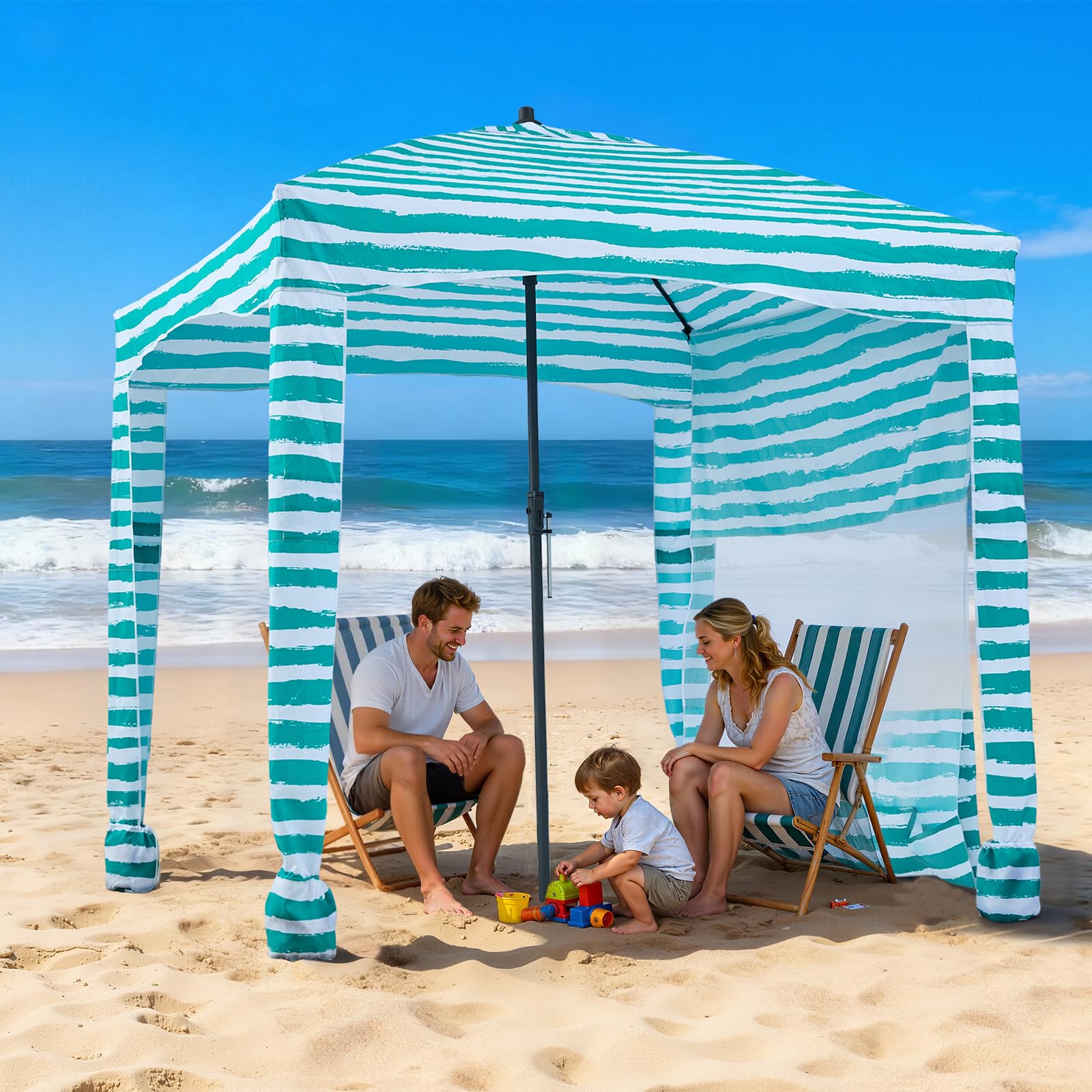 VEVOR Namiot plażowy 1830 x 1830 x 2290 mm, ze ścianą boczną i kieszeniami na piasek, przenośny parasol przeciwsłoneczny z regulacją wysokości dla rodziny i przyjaciół, zielony z białymi paskami
