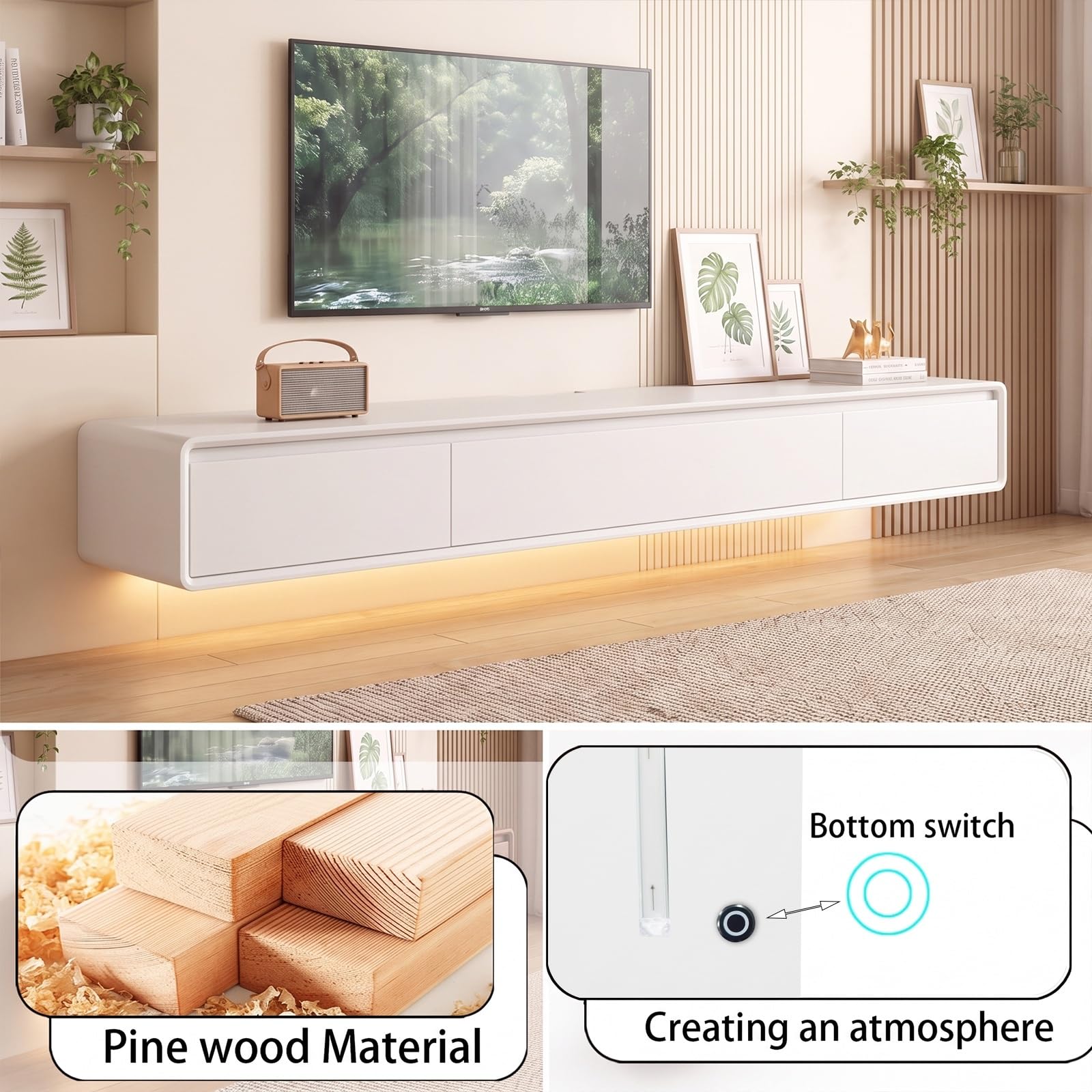 Mueble de TV de Madera Maciza,Mueble de TV Flotante, Mueble Bajo de Pared para TV, Adecuado para el Salón y el Dormitorio,Blanco 240CM-LED