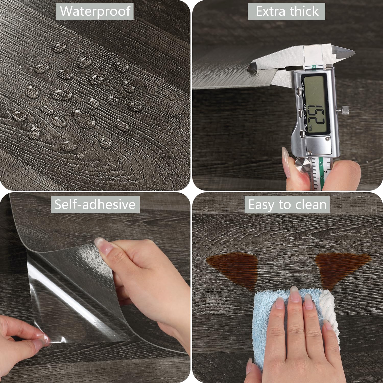 VEELIKE Piastrelle adesive per pavimenti in PVC, effetto legno, effetto legno, impermeabile, 12 pezzi, colore grigio scuro, effetto legno, 30 cm