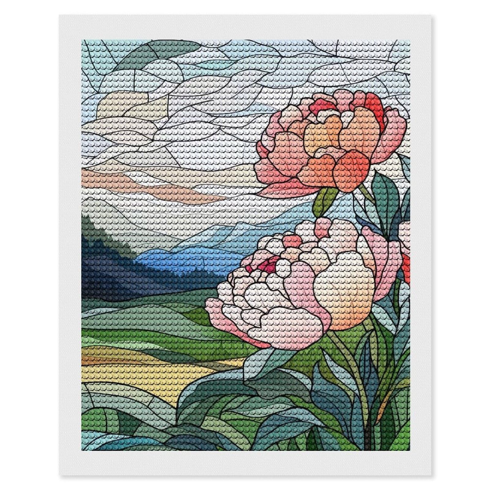 Junmoney Stained Glass Peonies Round Drill Diamond Painting 16"x20", for Adults, Creative Leisure Activity, Office Decor, Holiday Gift Idea