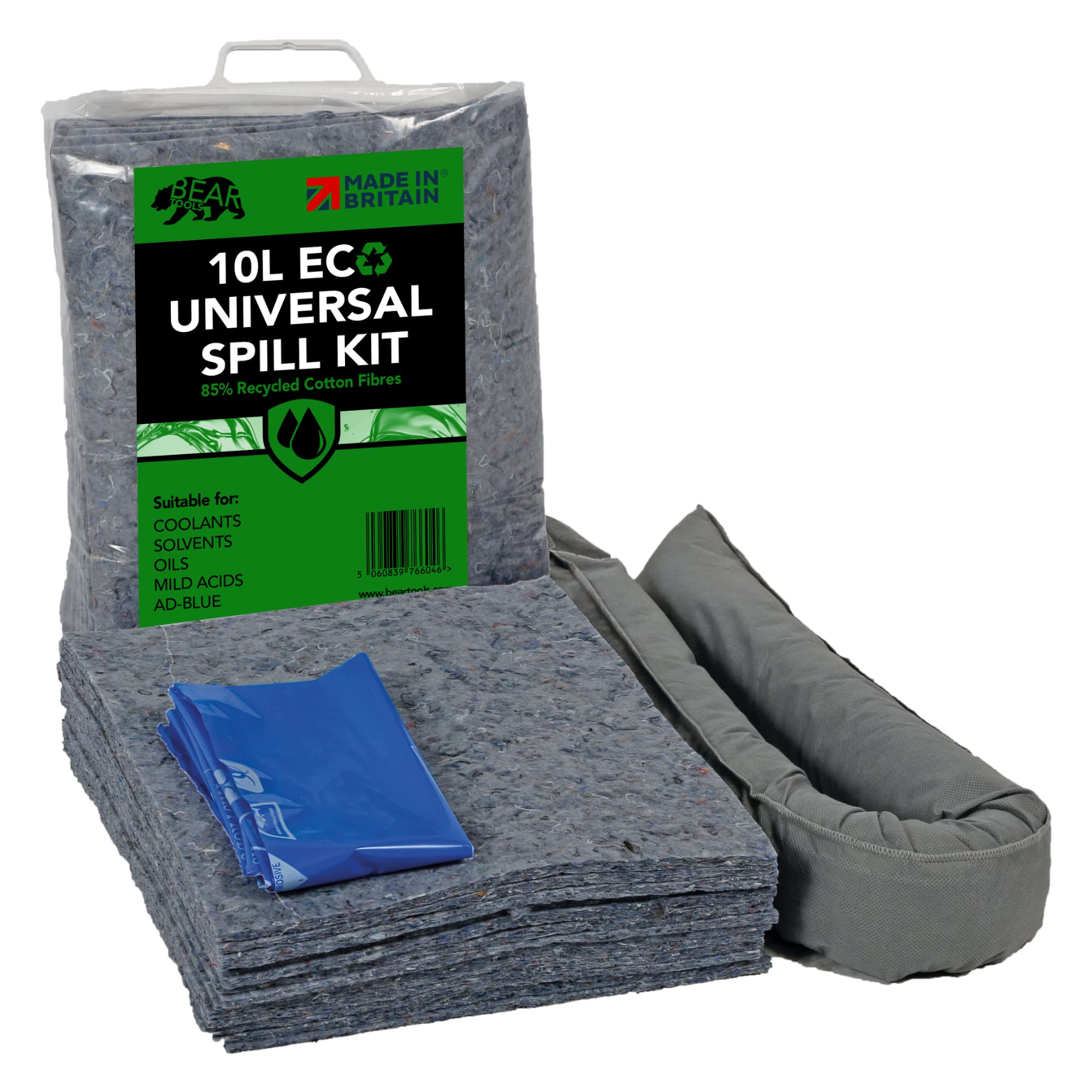 BearTOOLS Eco Spill Control Kit 10L Spills | Environmentally Friendly | 85% Recycled Natural Fibres | Reduce Carbon Footprint | Sustainable Absorbent Solution | UK Made Oils, Fuels
