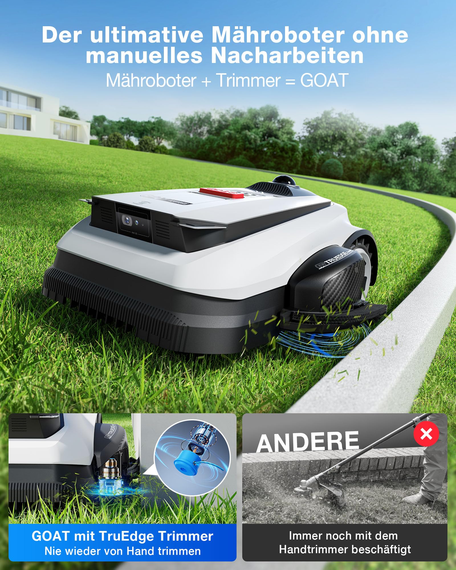 ECOVACS GOAT A1600 LiDAR PRO Care Kit Mähroboter 1.600 m² 360° Dual-LiDAR-Navigation KI-3D-Hindernisvermeidung
