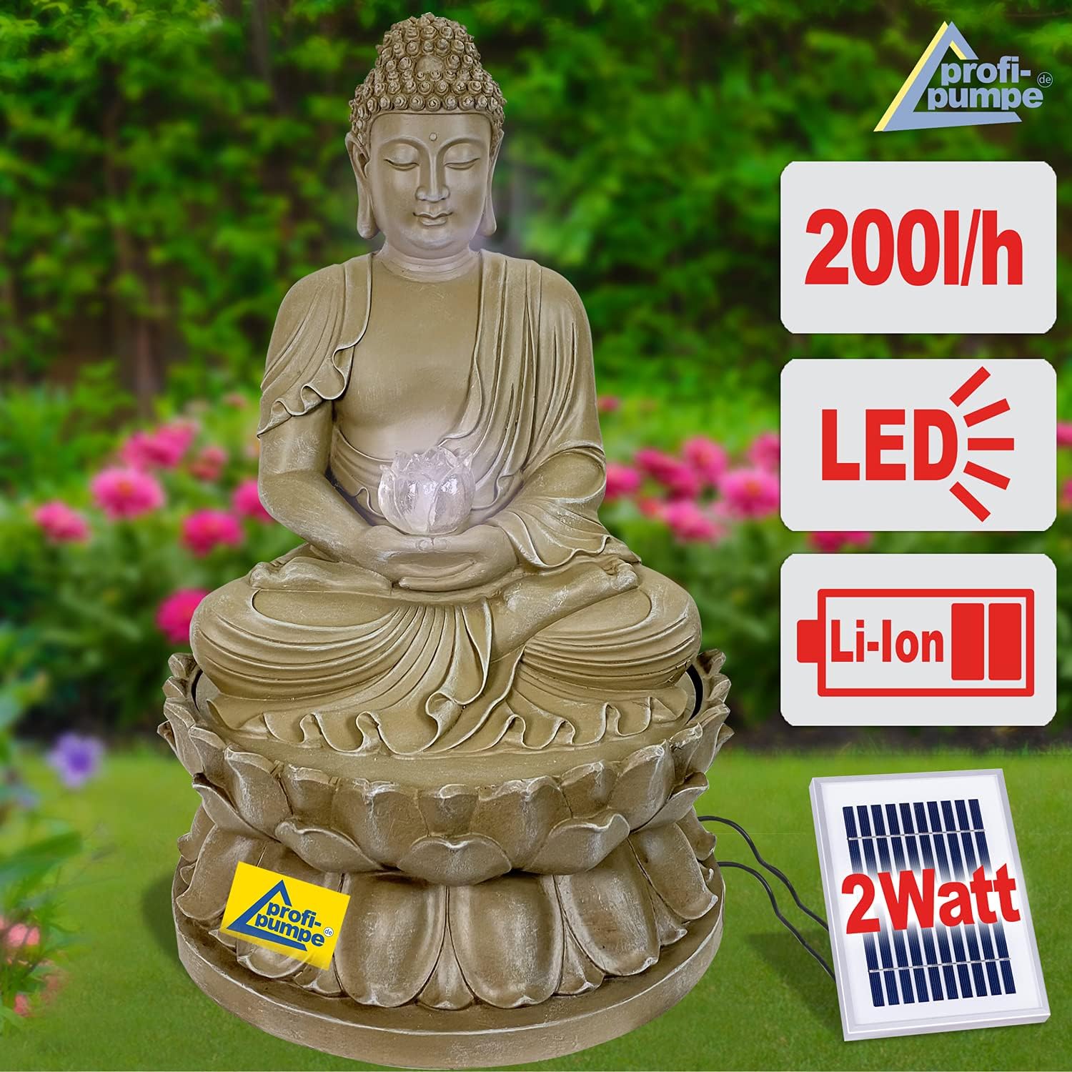 Fuente de jardín Fuente Solar Buddha-Eternity baño para pájaros Cascada, decoración de jardín con Bomba, Fuente de Agua para terraza de jardín, balcón, Muy Decorativa, luz LED luz de jardín