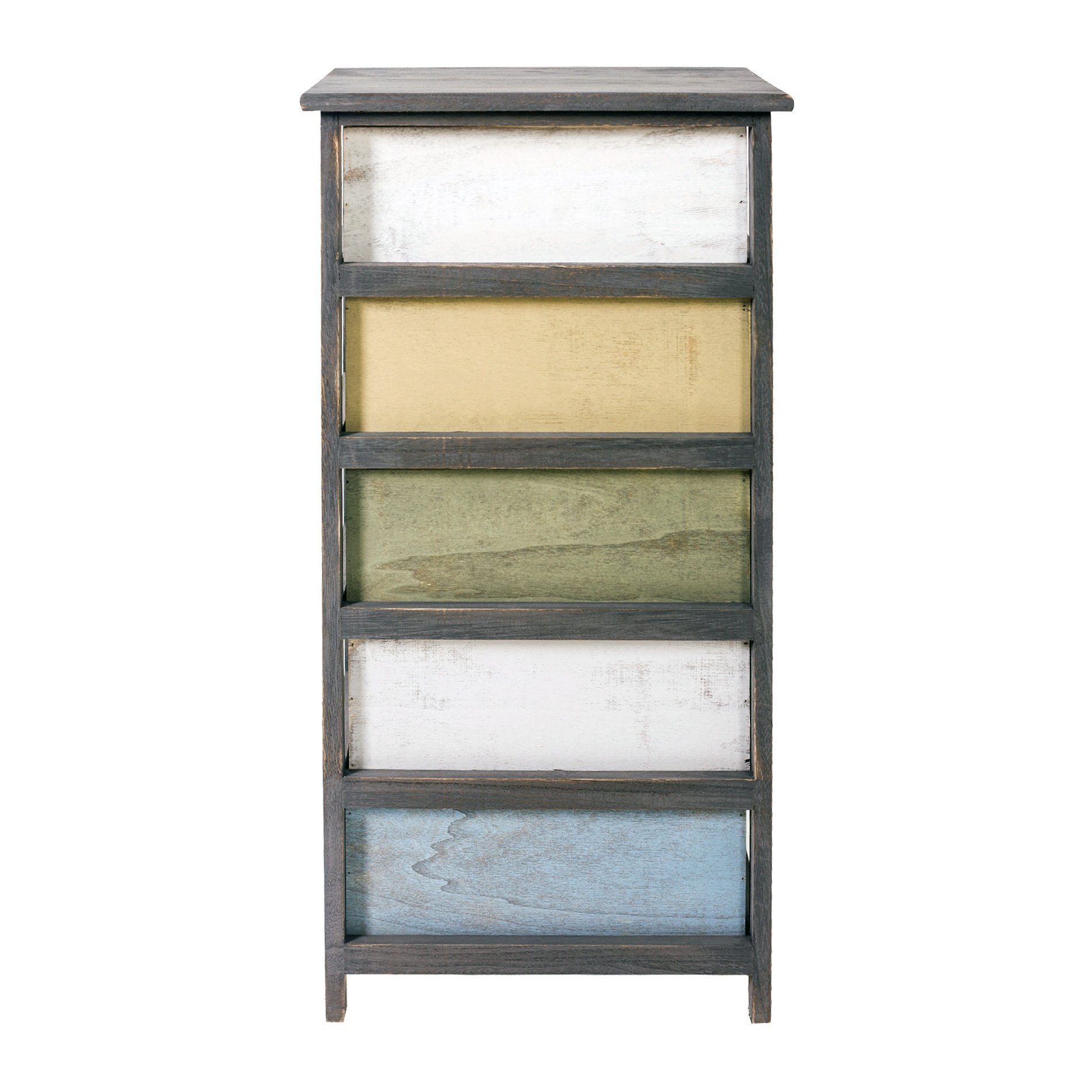 Rebecca Mobili Cassettiera vintage, armadietto 5 cassetti, per camera bagno, legno paulownia, grigio bianco beige azzurro - Misure: 87 x 40 x 29 cm (HxLxP) - Art. RE4885