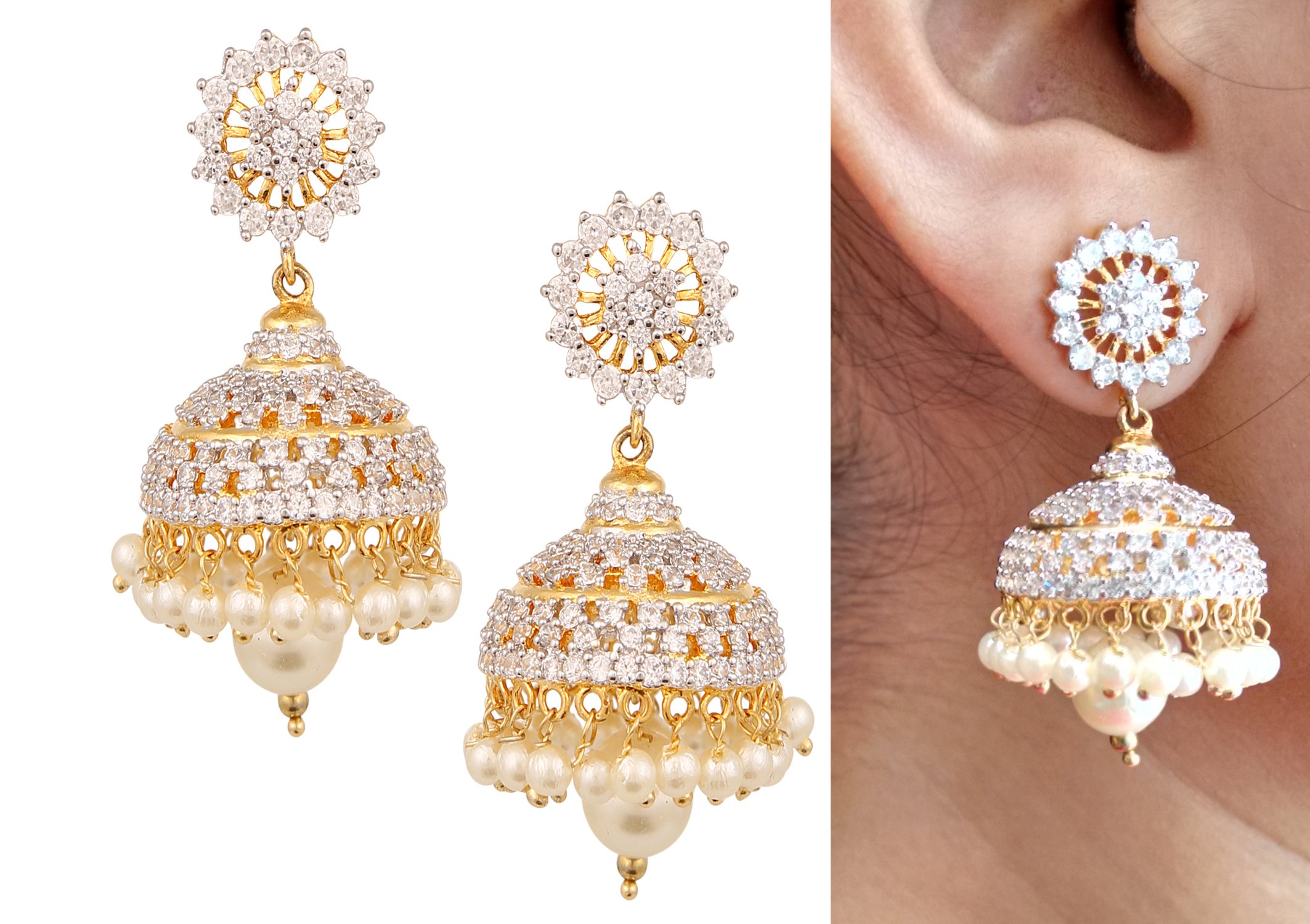 Swasti Jewels American Diamond CZ Fashion Jewellery Traditional Ethnic Pearls Gold Plated Jhumka Earrings for Women 3
