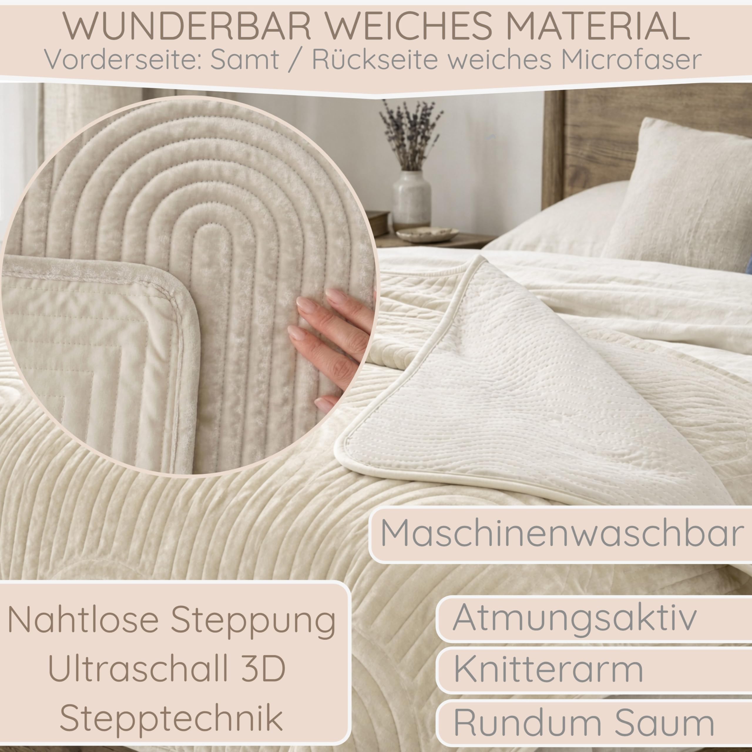 Tagesdecke 240x260 Bettüberwurf Tagesdecken - Boho Style Samt Decke Bett Überwurf Bedspread Sofaüberwurf Sofa Steppdecke Überwurfdecke Überdecke, Creme