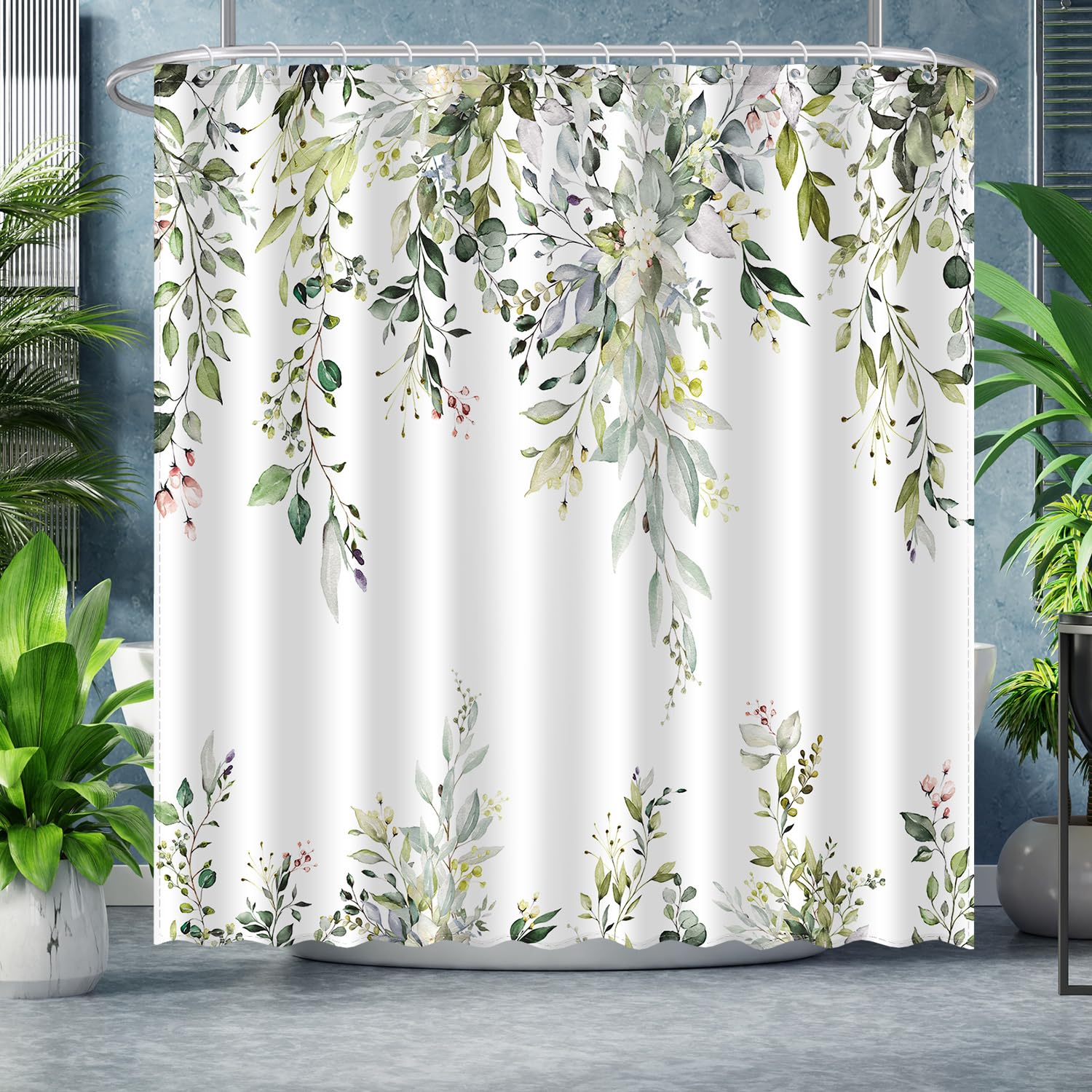 ACZHHZC Eucalyptus Leaves Shower Curtain, Aesthetic Art Watercolor Plant Floral Leaf Bathroom Decor, Waterproof Fabric Cloth Bath Curtain Set with