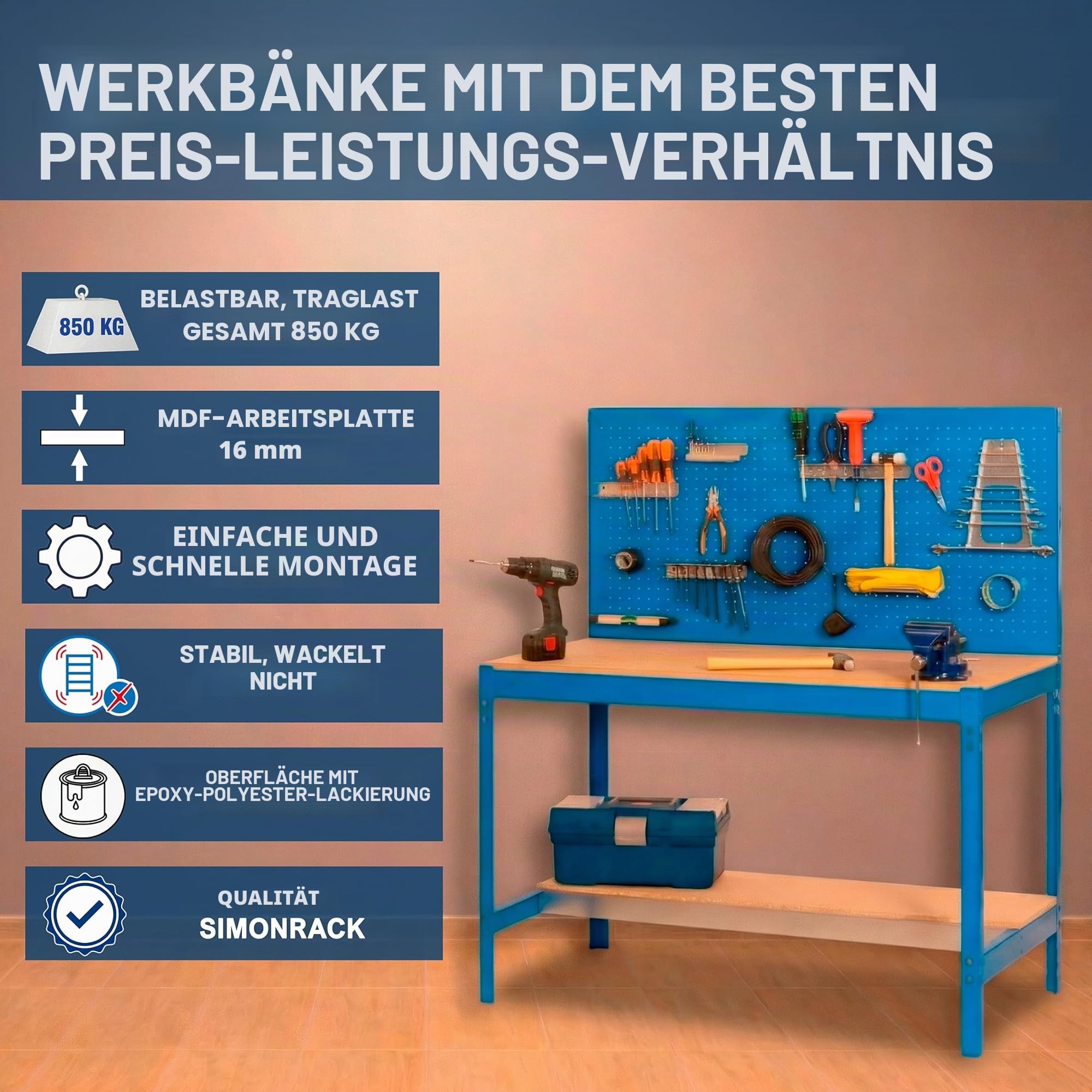 SimonRack Werkbank 400 kg Belastbarkeit, 144,5x91x61 cm, Große Arbeitsfläche Arbeitsfläche, Arbeitstisch, Holz-Arbeitsplatte, Grau/Holz - BT2 | Holzplatte 16 mm, Tragfähigkeit 400 kg, Korrosionsschutzlackierung, Klicksystem-Montage, Grau