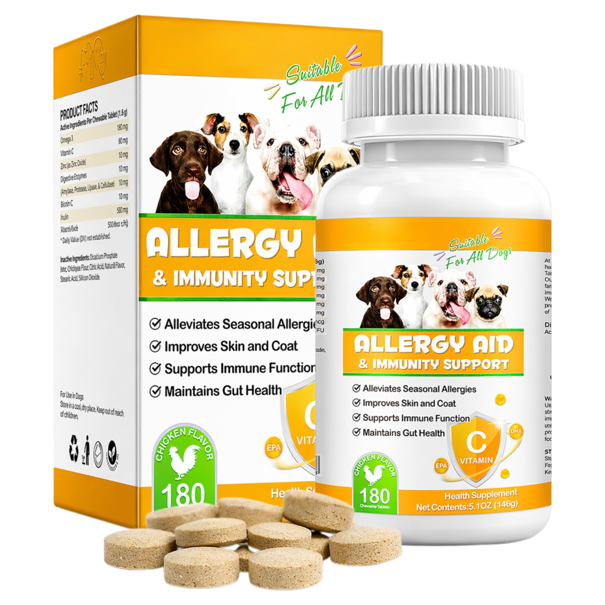 Dog Allergy Relief Chewable Tablets (Chicken Flavour) – Immune Support, Skin & Coat Supplement with Quercetin Probiotics Omega 3 for Dogs All Breeds, 180 Tablets