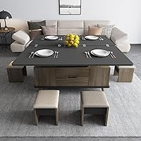Vista 10 de Mesa auxiliar elevable con 4 taburetes, mesa de centro moderna de 47 pulgadas que se convierte en mesa de comedor con ruedas y cajones, mesa central