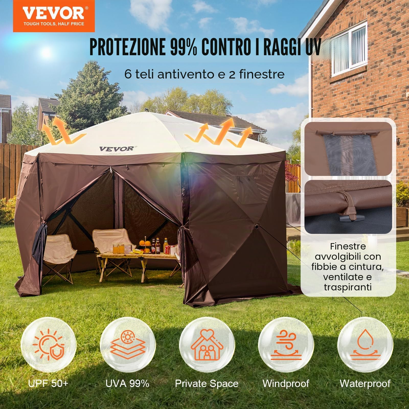 VEVOR Gazebo Pop-Up, Tenda con Schermo Pop-Up, Baldacchino su 6 Lati, Riparo da Sole 6 Panni Antivento Rimovibili Finestre in Rete, con Zanzariera Schermo a Montaggio Rapido 3,51 x 3,51 m Marrone