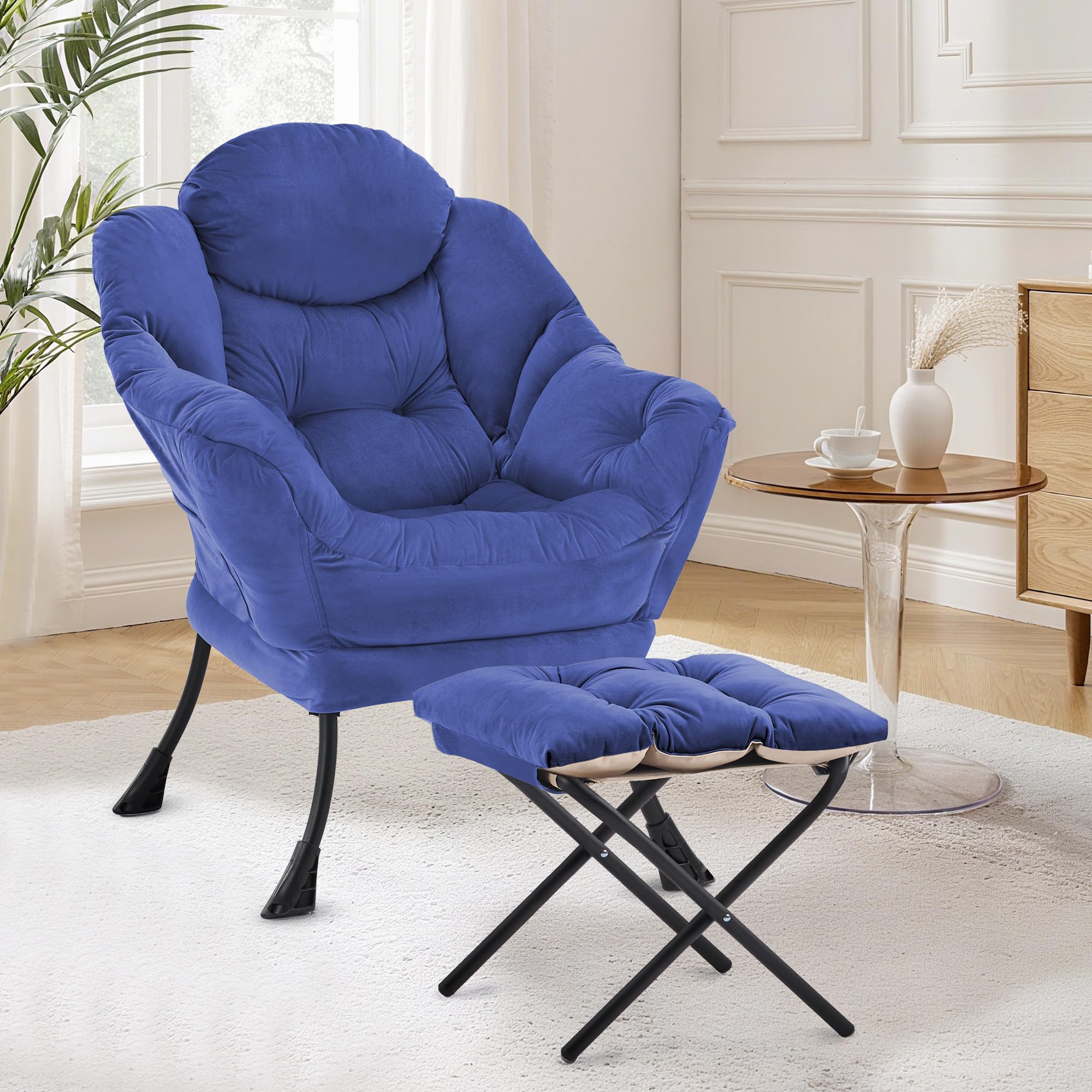 XH.Easy Go Lazy Chair with Ottoman, Accent Lounge Reading Arm Chair with Footstool, Leisure Armchair for Living Room Bedroom Comfy Arm Chairs with Footrest, NavyBlue