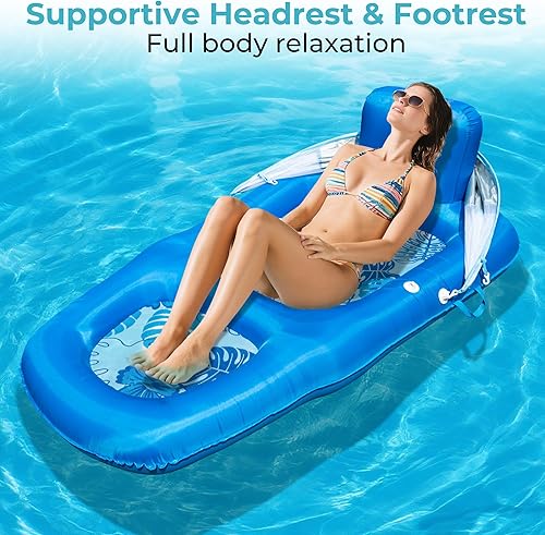 Miniatura 8 de Fabric Covered Inflatable Pool Lounger Float Adult, 70"x39" Extra Large Pool Float w UPF50+ Sunshade Canopy & Cupholder Caddy, Water Floaties Raft