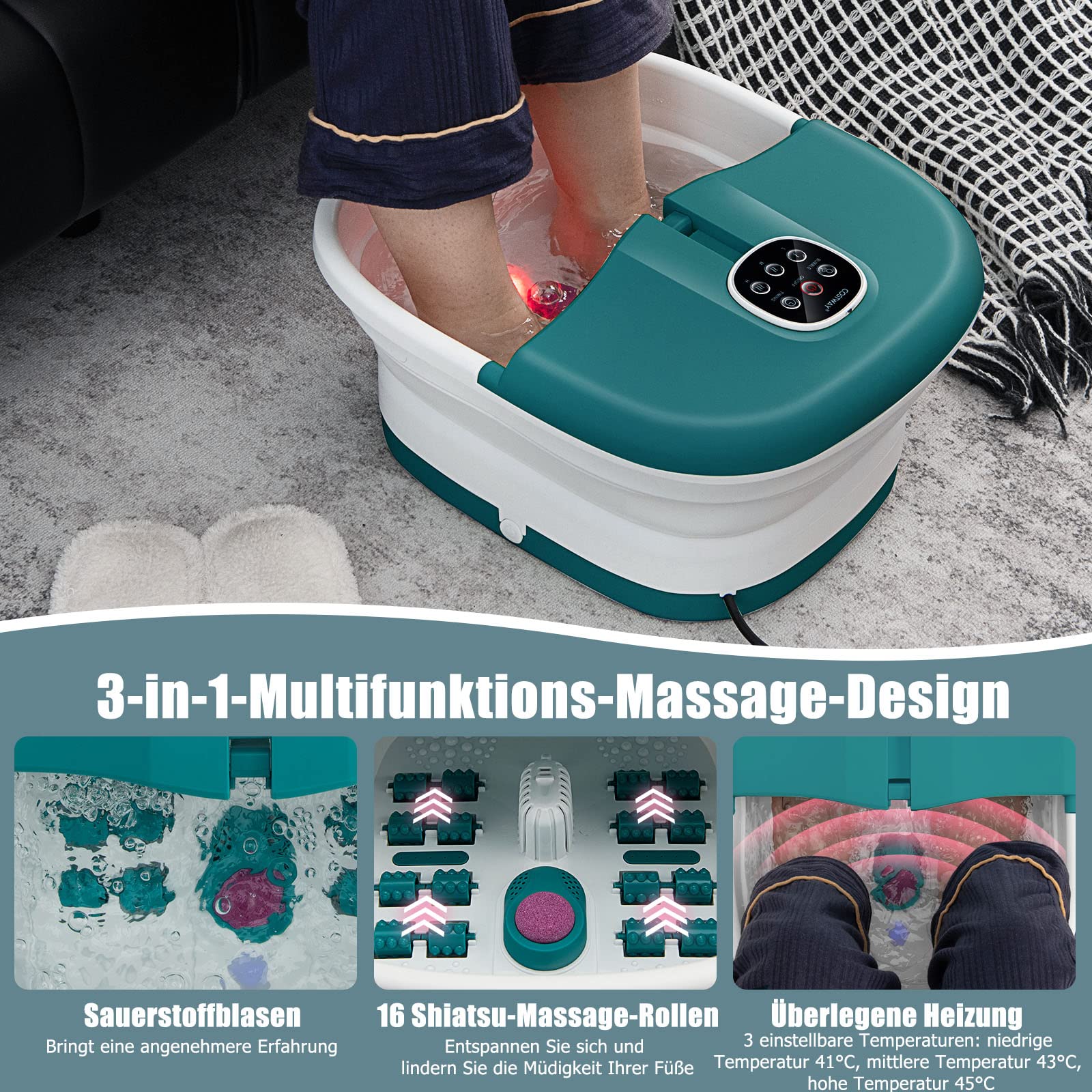 RELAX4LIFE Elektrische Fußmassageräte mit Massage & Heizung, 500W, Fußsprudelbad klappbar mit 16 Shiatsu-Rollen & Pediküre-Bimsstein, 20/60 min. Timer, 41/43/45℃, Fußbad als Geschenk (Türkis)