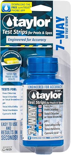Taylor Technologies 7-Way Test Strips for Free Chlorine, Total Chlorine/Bromine, pH, Hardness, CYA (50 Test Strips) S-1335-12