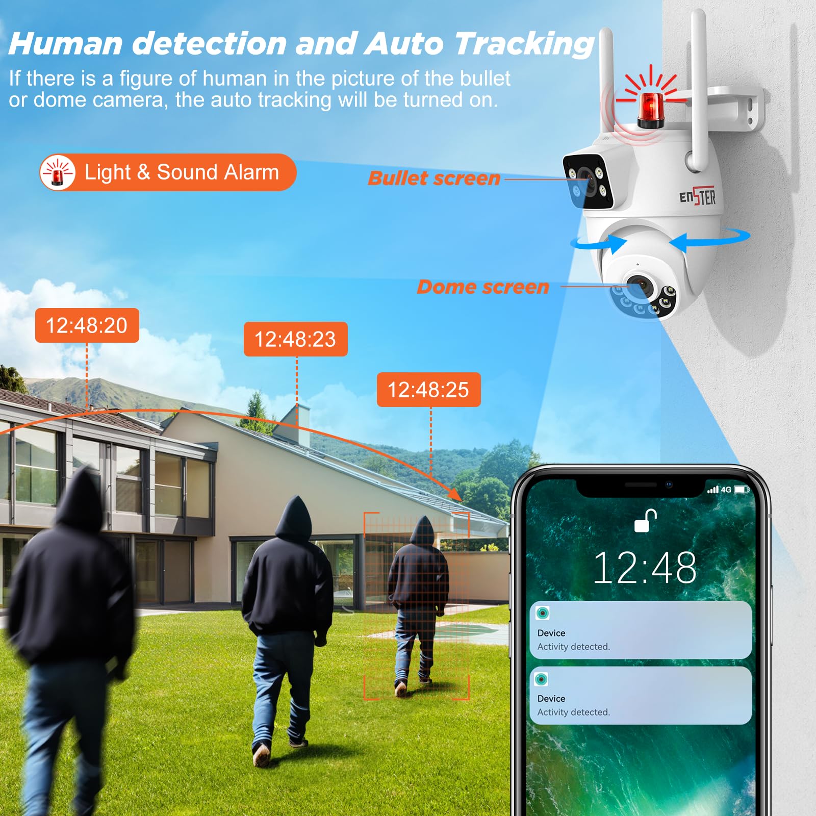 ENSTER 3G/4G LTE Telecamera Esterno con SIM Card a Doppio Lente, PTZ IP Videocamera, 2K Sorveglianza Pan 355°/Tilt 90°, Auto Tracking
