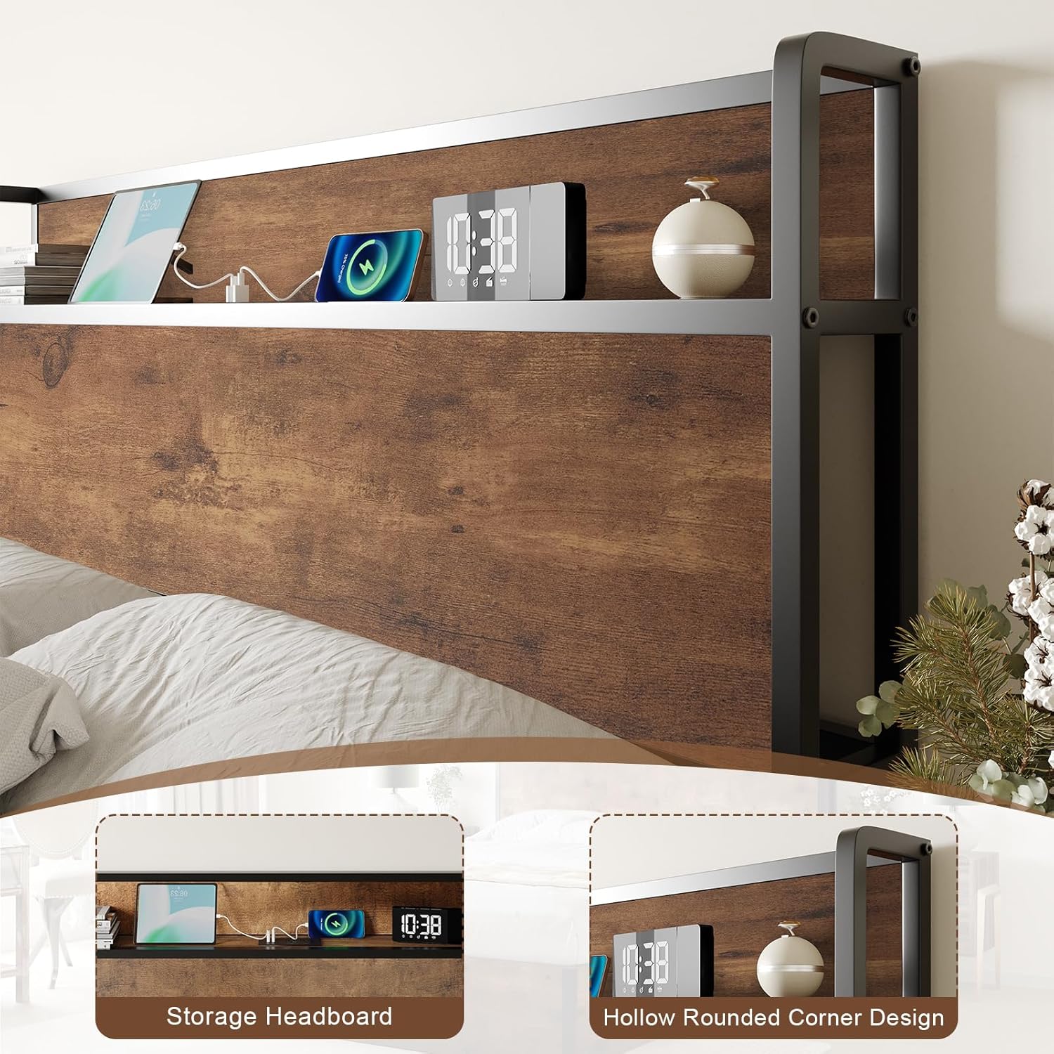 Size Queen Color brown Size Lift Up Storage Bed Frame, Wooden Platform Bed Frame with Lifting Storage & Charging Station, No Spring Box Needed/Noise Free, Rustic Brown