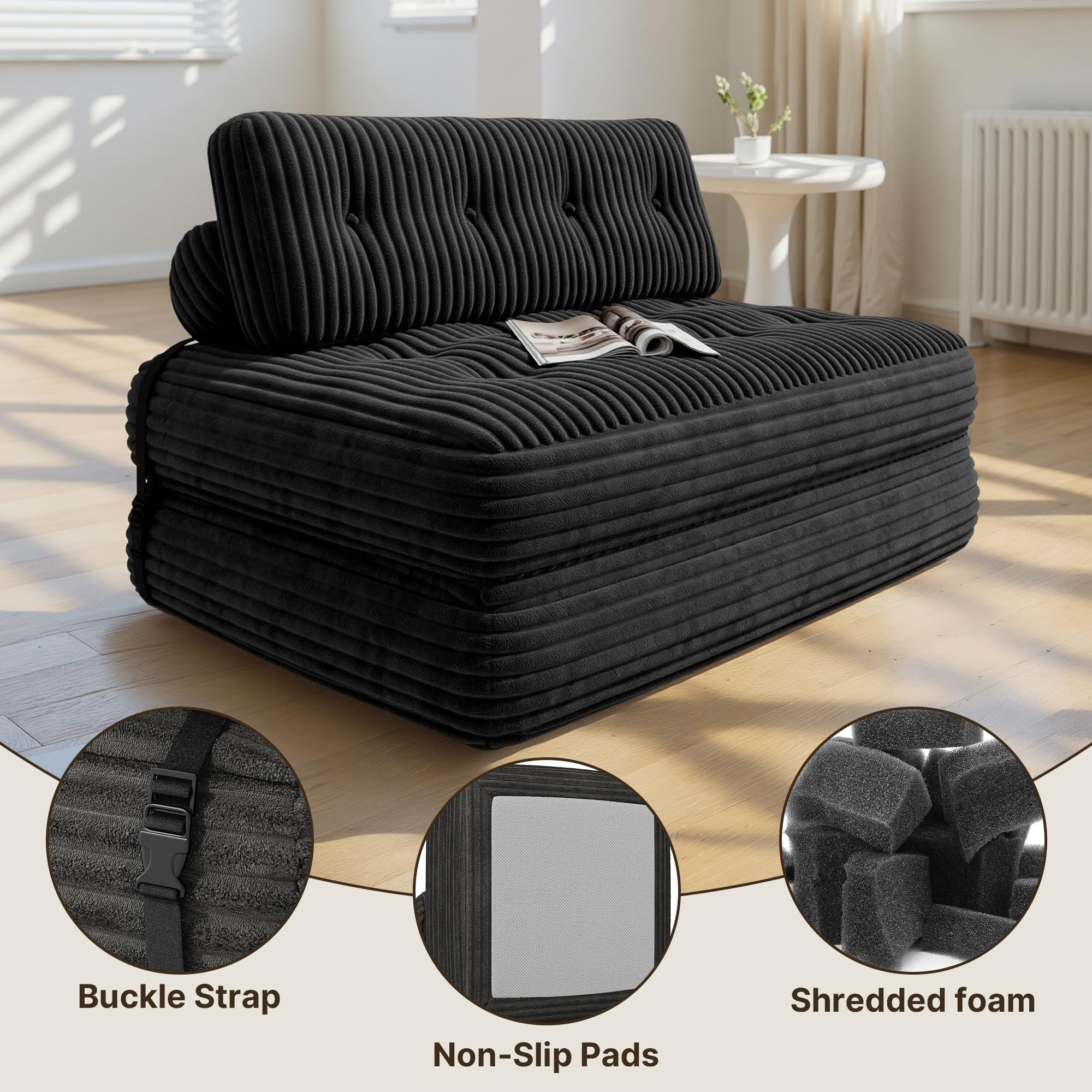 Xbro Divano Letto Matrimoniale 2 Posti 200x130 cm Pieghevole Salvaspazio in Velluto a Coste con Poggiatesta, Compatto per Soggiorno e Ospiti, Grigio Scuro