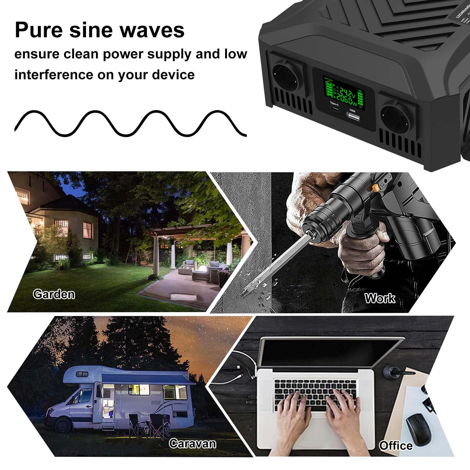 DATOUBOSS Pur Sinus Onduleur 12V/24V vers 220V 230V Convertisseur Universel Double Tension 1200W/2300W avec système de détection Intelligent Puissance de crête 2000W/4000W, Transformateur avec LCD