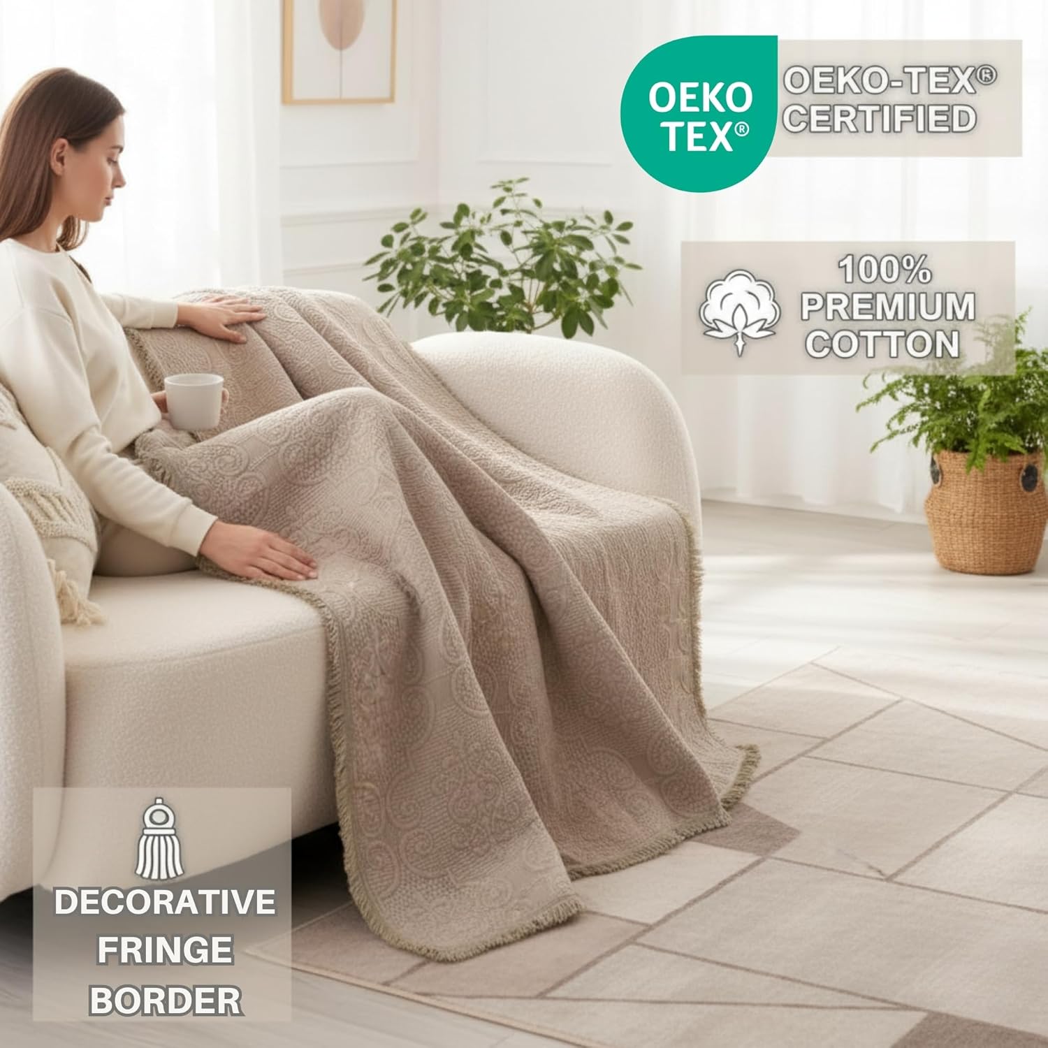 DaDa Bedding Elegant Fringed Cotton Quilted Throw Blanket - Luxurious Solid Soft Paisley Pattern, Cozy Lightweight Lap Throw, Perfect for Couch or Bed, Neutral Sandy Taupe Tan Beige, 50x60 Inches - Image 4