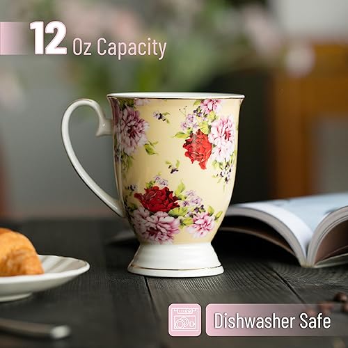 Miniatura 3 de BTT- Tazas de café grandes, 12 onzas, juego de 4, tazas florales para tazas de café, porcelana de porcelana, taza de té,