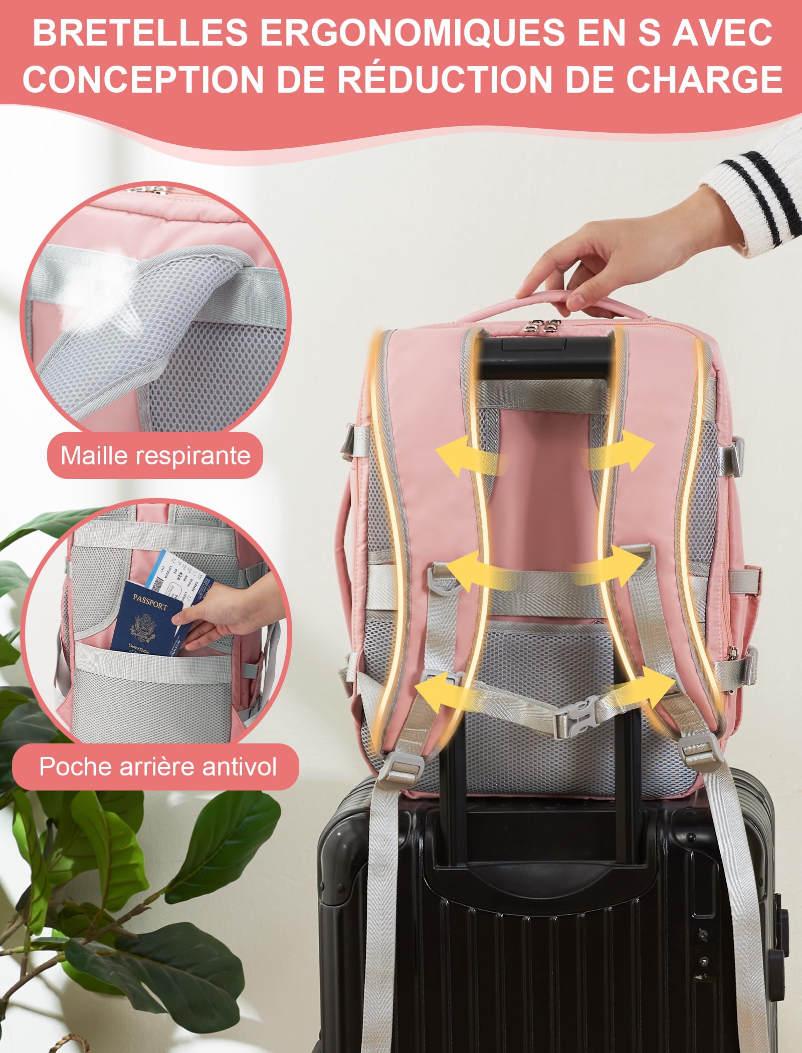 Sac a Dos Voyage Cabine Avion 40x30x20 Bagage Cabine 24L-30L Évolutif | Sac à Dos Avion pour Transavia Ryanair Vueling Wizz Air,Sous Siège Bagage à Main 15.6'' Ordinateur Portable Homme Femme Rose