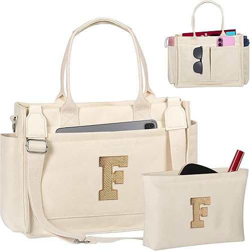 Miniatura 33 de Easter Basket Stuffers, Initial Tote Bag with Makeup Bag, Birthday Gifts for Women, Teen Girl Gifts Trendy Stuff Beige,Negro