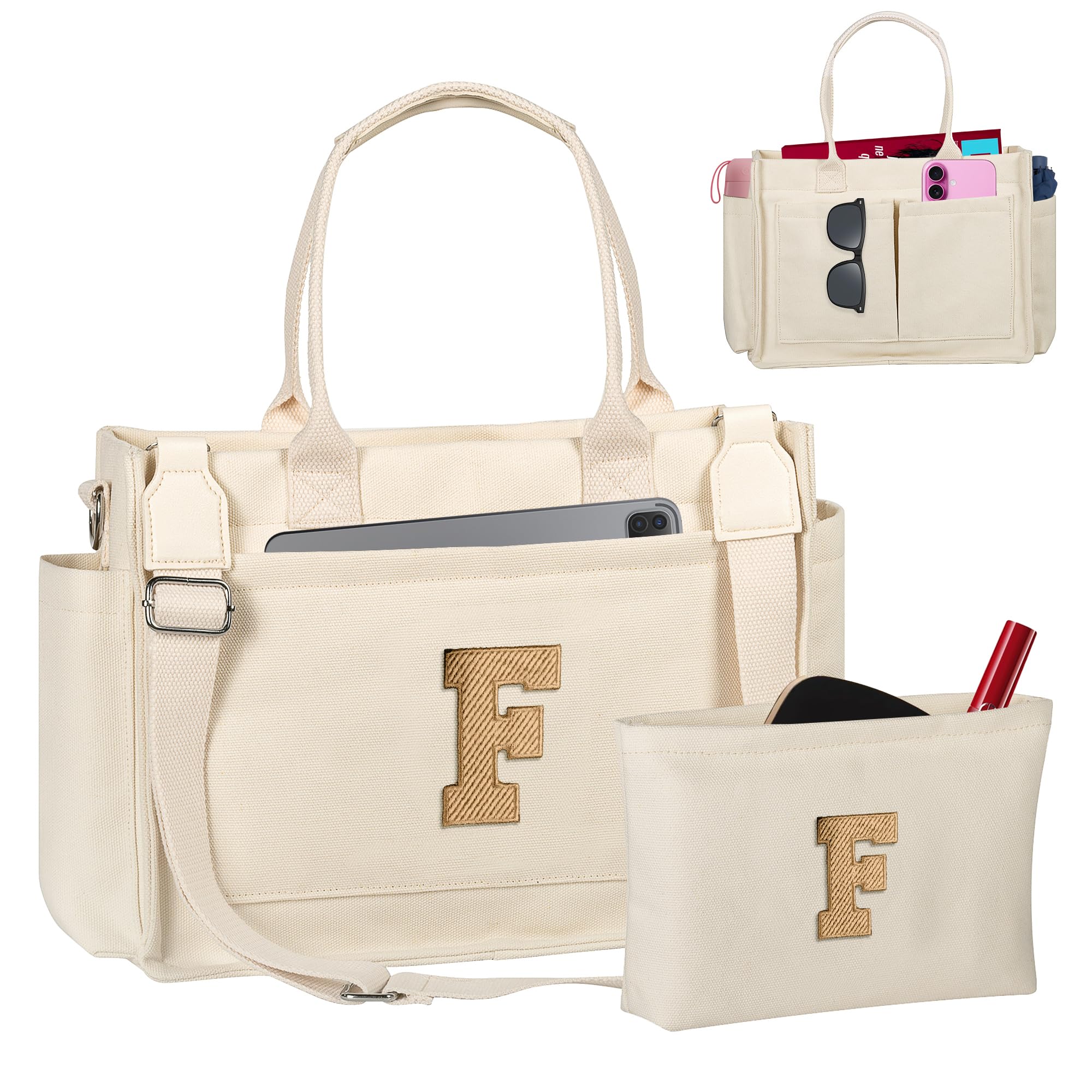 Easter Basket Stuffers Initial Tote Bag with Makeup Bag Birthday Gifts for Women Teen Girl Gifts Trendy Stuff