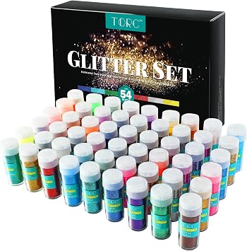 TORC Extra Fine Glitter Set, 54 Colors Holographic Fine Glitter for Crafts, Tumblers, Slime Nails, Art Cosmetic Festival Decor, Assorted Body Face Hair, Suitable for Christmas Halloween