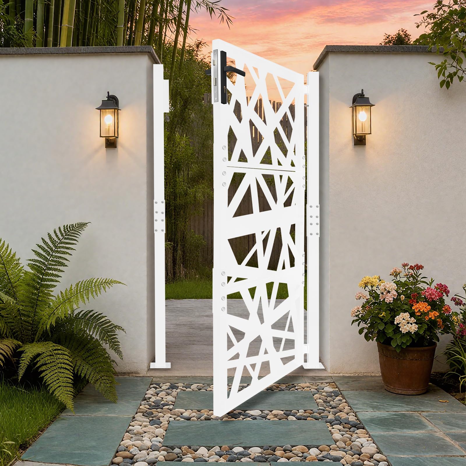 Puerta de jardín de 105 x 175 cm, doble columna, de metal, con cerradura, 7 llaves y apertura de 180°, resistente a la corrosión para jardín, terraza y seguridad para mascotas, color blanco