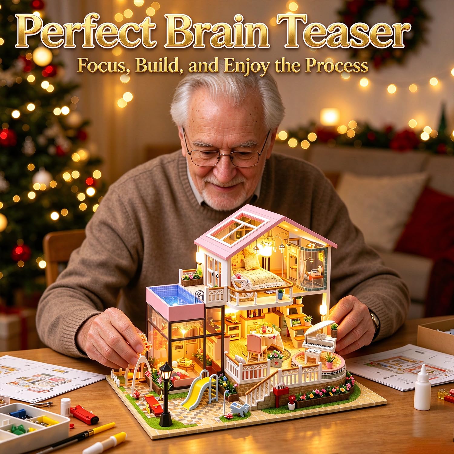 Diorama Maquette de construction avec housse anti-poussière pour maison de poupée miniature à faire soi-même avec boîte à musique et lumières LED, mini maison de puzzle en bois 3D, modèle d'art