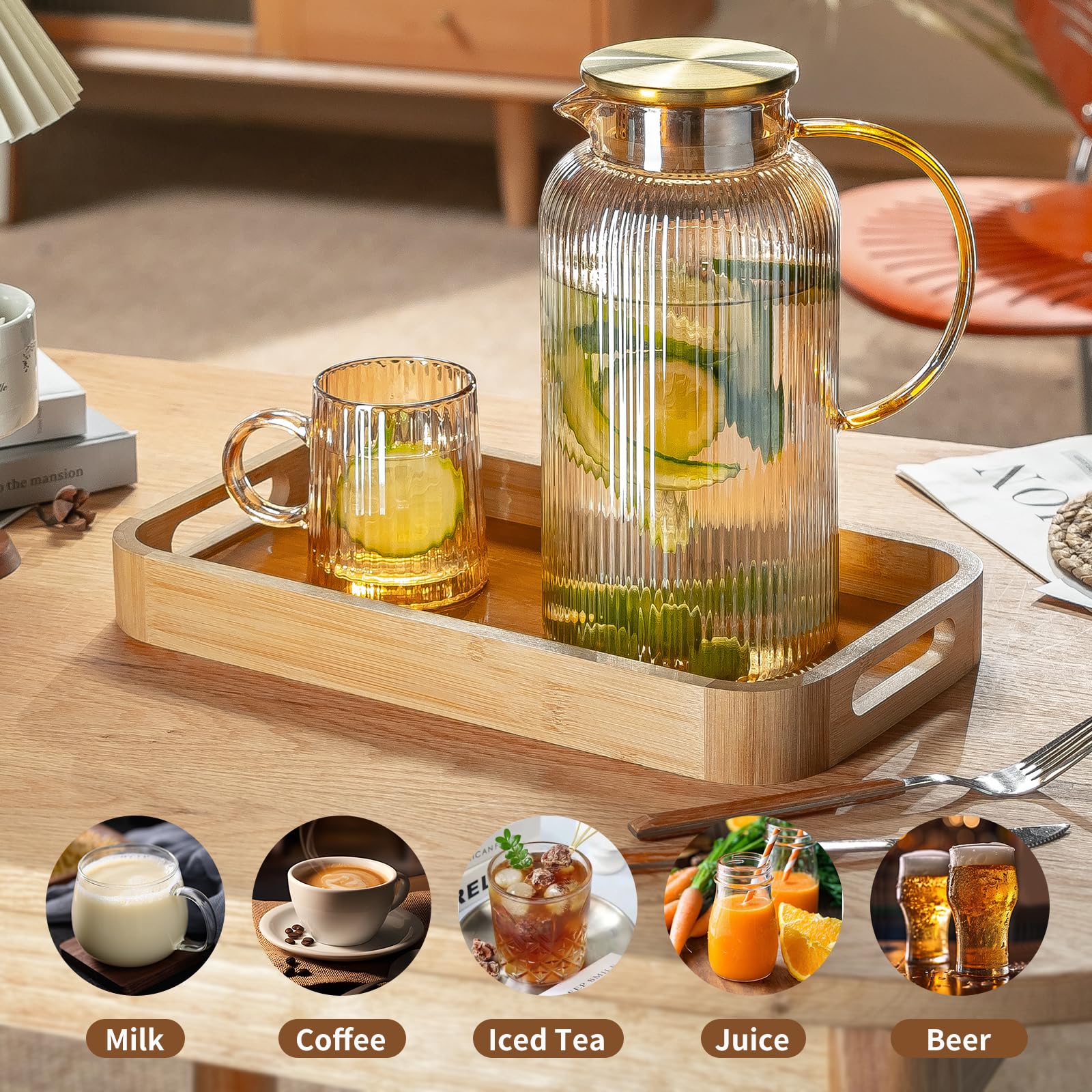Buaic Glaskrug mit Deckel, 2 Stück, 2,5 l, bernsteinfarben, klassische vertikale Streifen, Wasserkaraffe für kaltgebrühte Getränke, Kaffee, Limonade, Eistee, Getränke, Milch, hitzebeständig
