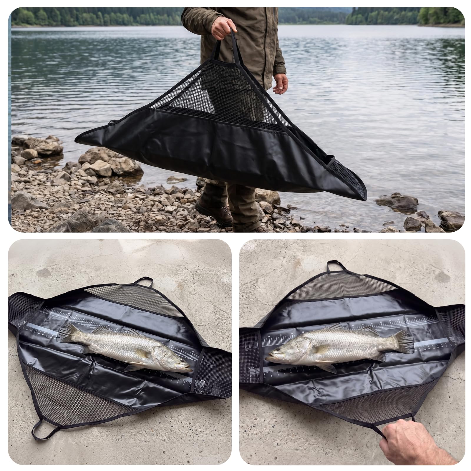 Mata do odhaczania ryb 120 x 65 cm, z taśmą mierniczą, mata do odhaczania ryb drapieżnych z uchwytami, do transportu i wagi, wodoszczelna mata do ważenia karpia