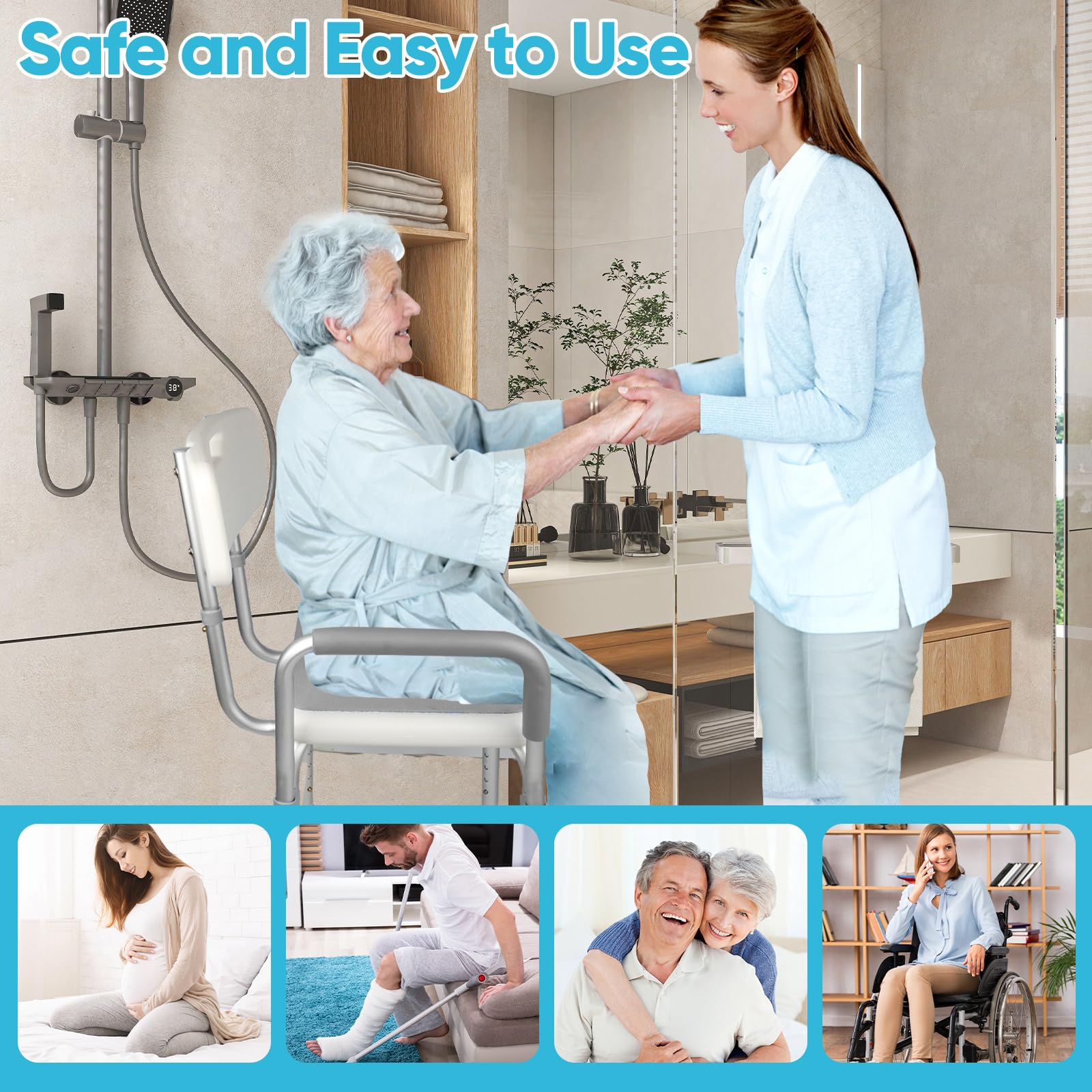 Silla de ducha 2024 con asas acolchadas y silla de ducha resistente, silla de ducha ajustable en 6 niveles de altura para ancianos y discapacitados, silla de ducha antideslizante para bañeras