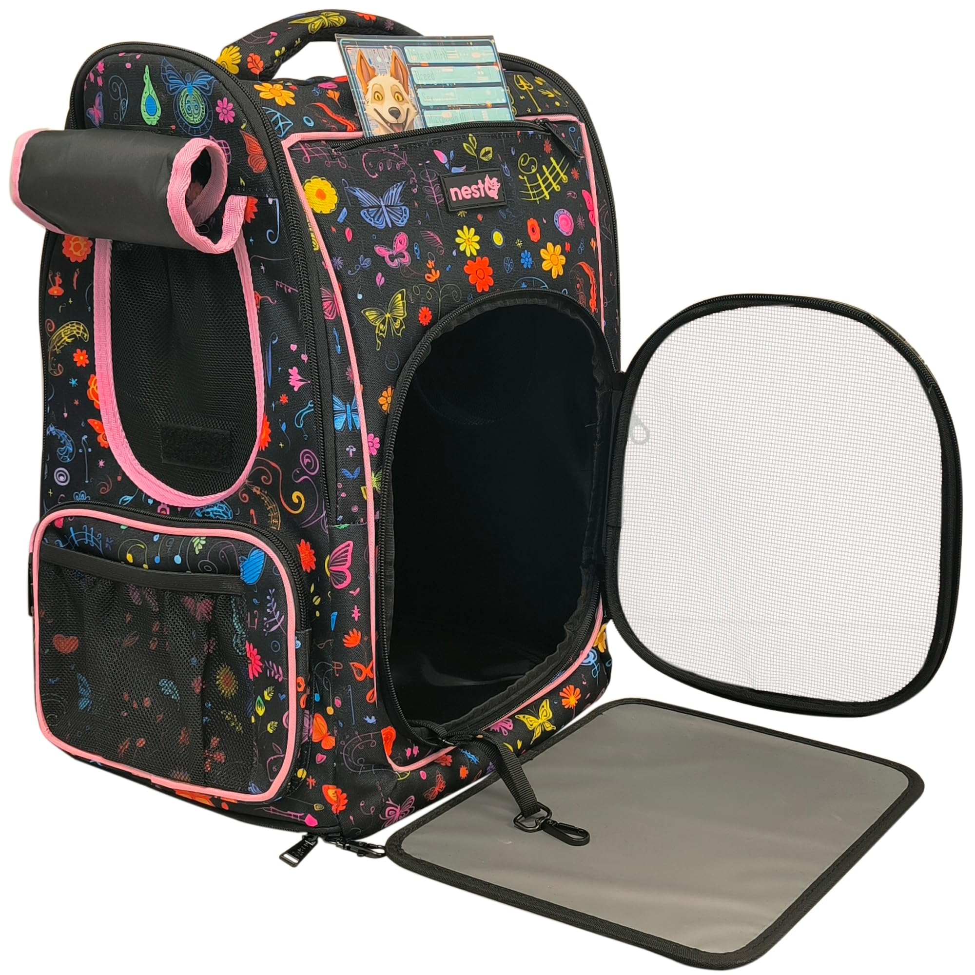 Mochila Transportin Mascotas para Perros Y Gatos Pequeños y Medianos, Maximo 5kg, Gatos Grandes, Plegable Y Resistente, Ideal para Viajes, Paseos Y Aventuras (Rosa-Mariposas)