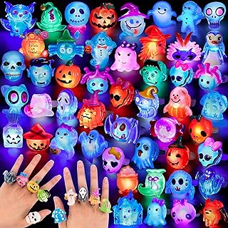 NPET 50Pcs Halloween LED Light Up Rings, Non Candy Halloween Trick or Treats 3D Halloween Rings Toy For Kids Adults Flashing Glow Rings Party Favor Ring Toy Gifts For Kids Goodie Bag Stuffers